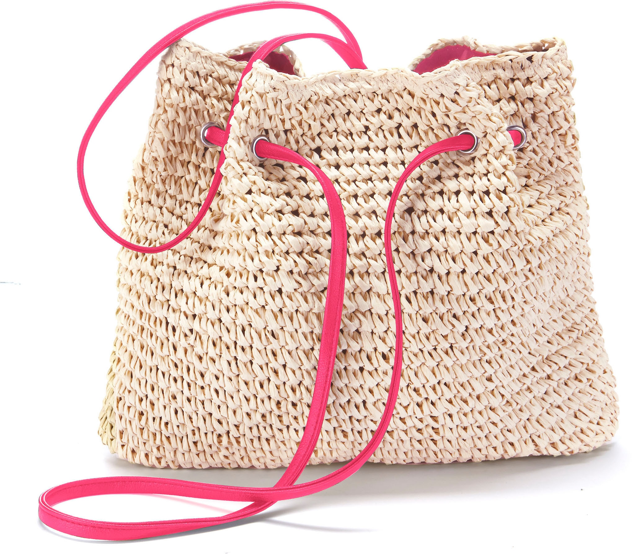 LASCANA Umhängetasche "Strandtasche, Schultertasche, Sommertasche, Damentasche" Handtasche Damen zum Umhängen, mit modischen Bommeln VEGAN