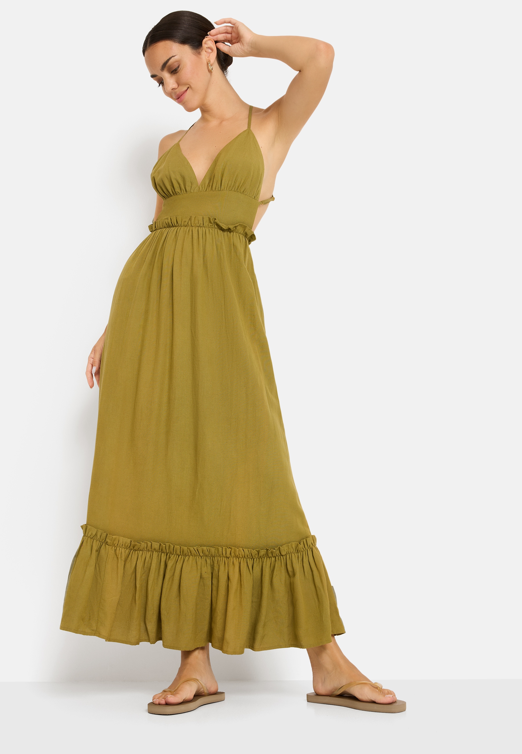 LSCN by LASCANA Maxi robe Sans poches aus Webware mit Leinenanteil, Strandkleid, Boho-Kleid