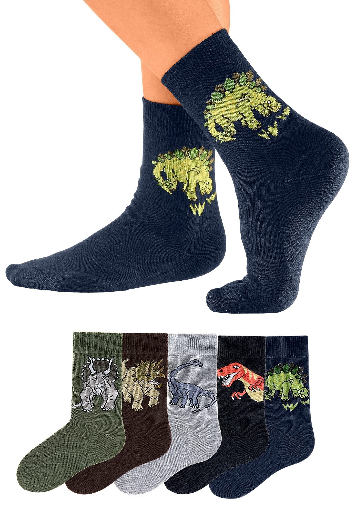 H.I.S Chaussettes »Kindersocken Jugendliche Motivsocken« Paquet, 5 Couple tlg. avec motifs de dinosaures