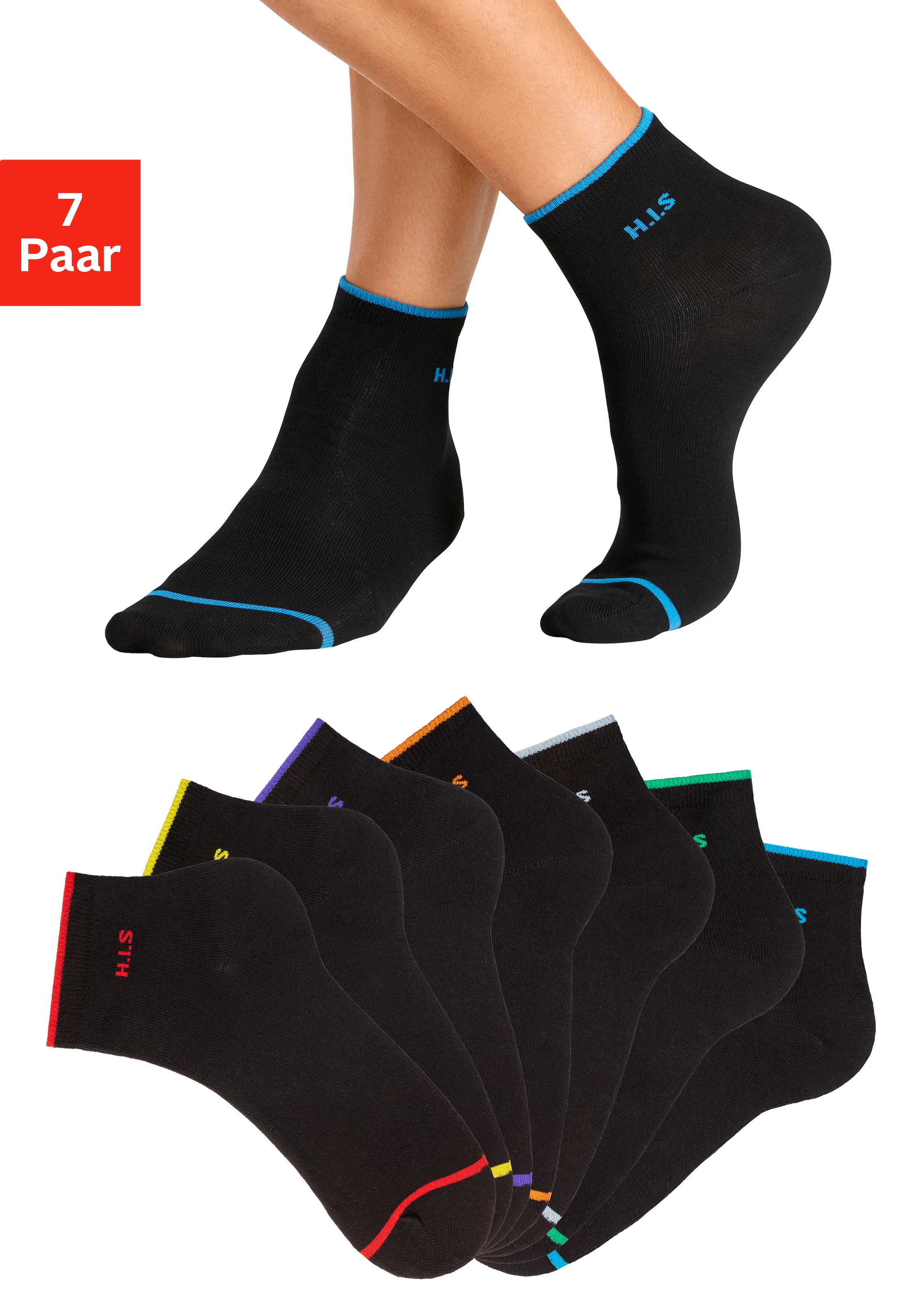 H.I.S Kurzsocken Packung, 7 Stk. tlg. mit farbigen Bündchen