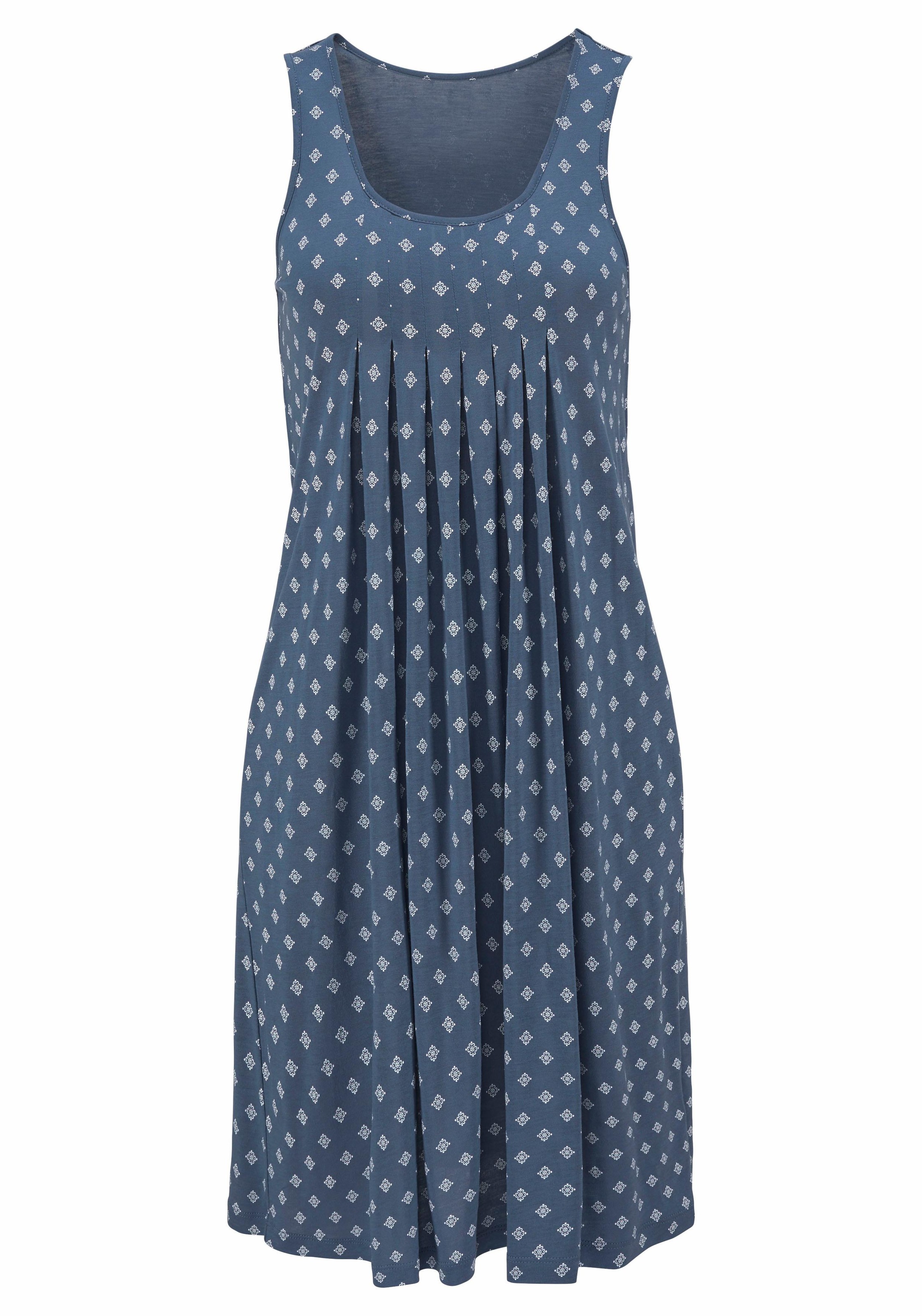Beachtime by Lascana Strandkleid "mit Ornamentdruck am Saum, lockeres Hängerchenkleid mit Zierfalten" Ohne Taschen Sommerkleid aus Viskose, Jerseykleid, A-Linien-Kleid, casual