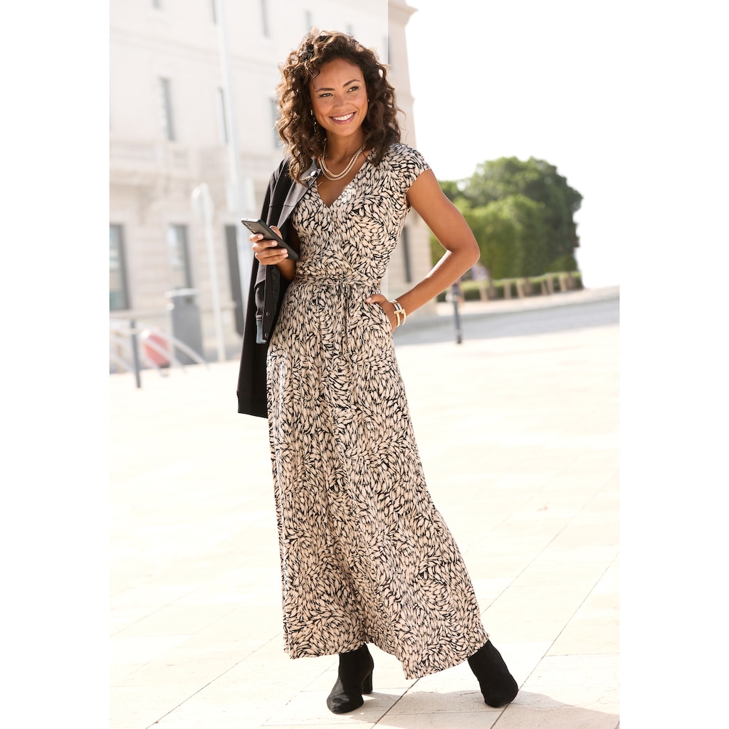 Buffalo Maxikleid, (mit Bindegürtel), mit Alloverdruck, Sommerkleid mit Taschen, Strandkleid