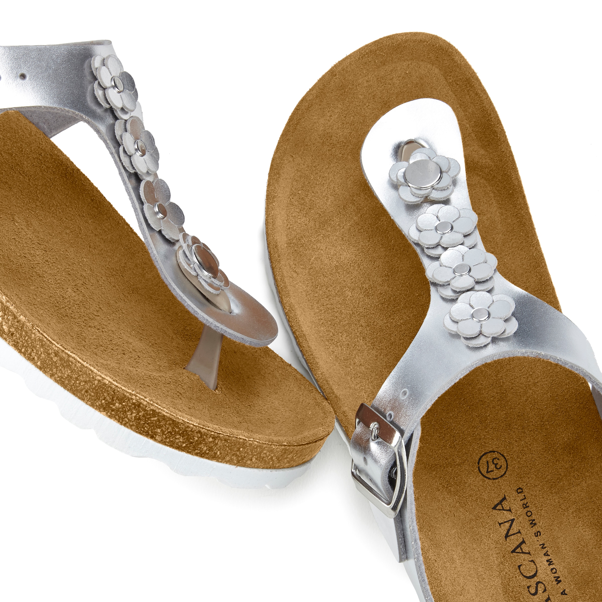 LASCANA Séparateur d'orteils »Sandale, Pantolette, offener Schuh, Sommerschuh,«  glänzende metallische Optik, Textil-Innenmaterial, aus Lederimitat