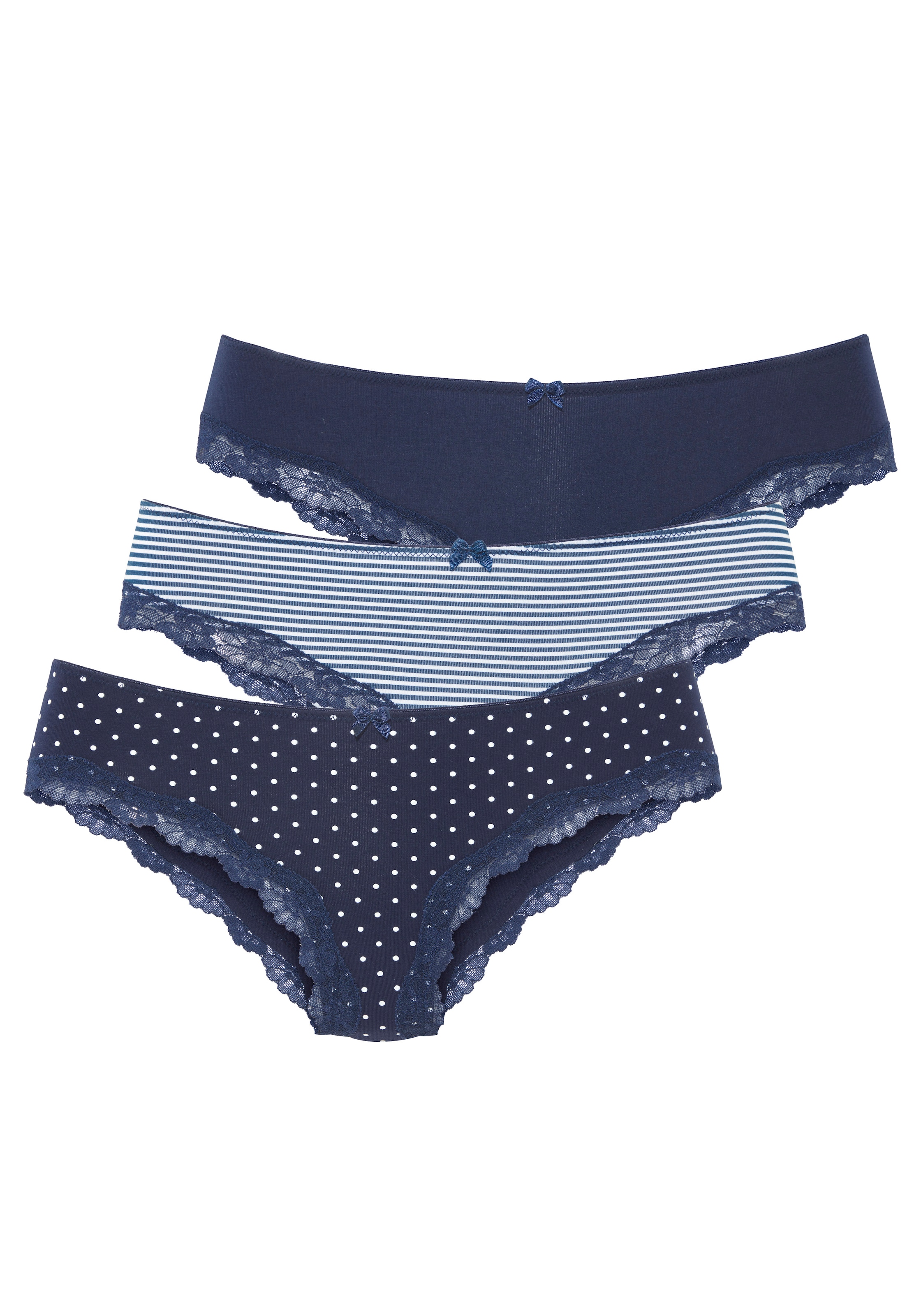 LASCANA Slip 3er-Pack,  aus elastischer Baumwolle mit zarter Spitze