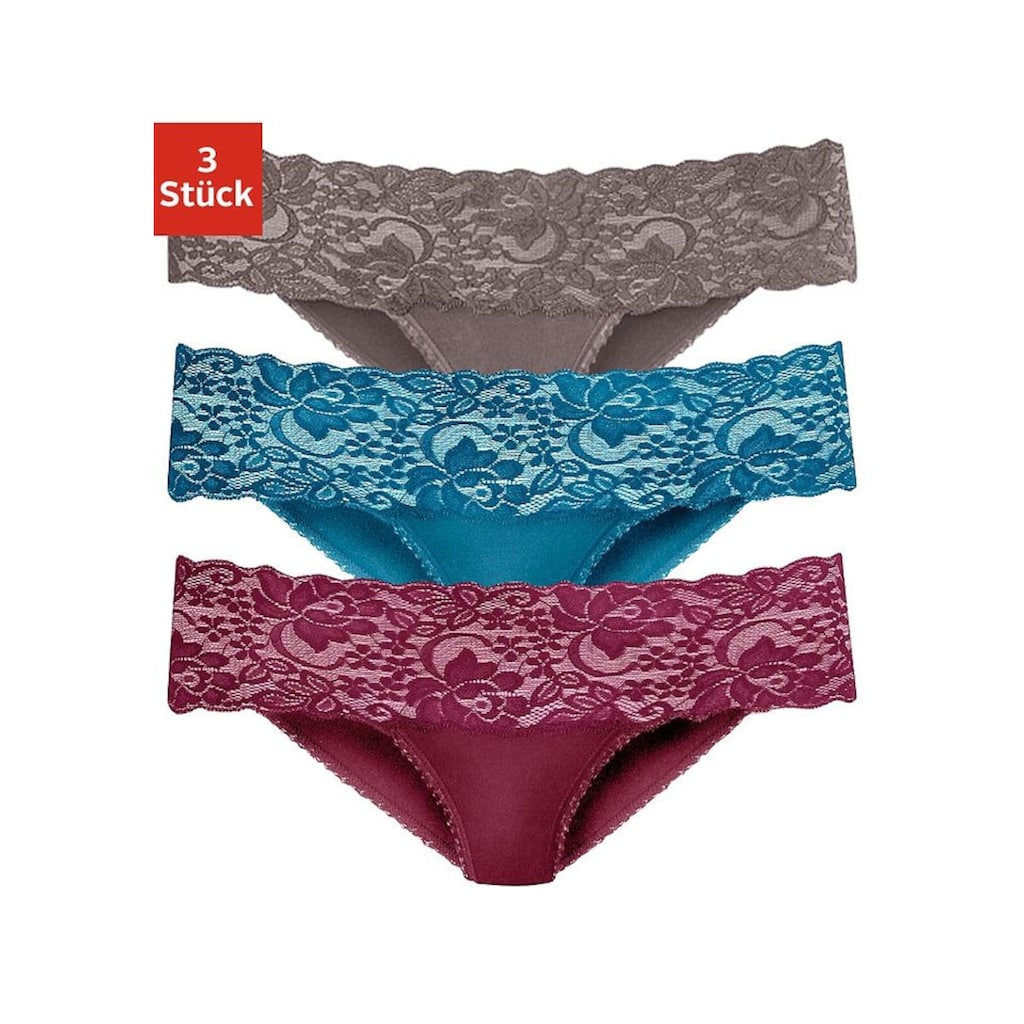 Vivance Brasilslip, (3er-Pack), aus elastischer Baumwolle mit floraler Spitze