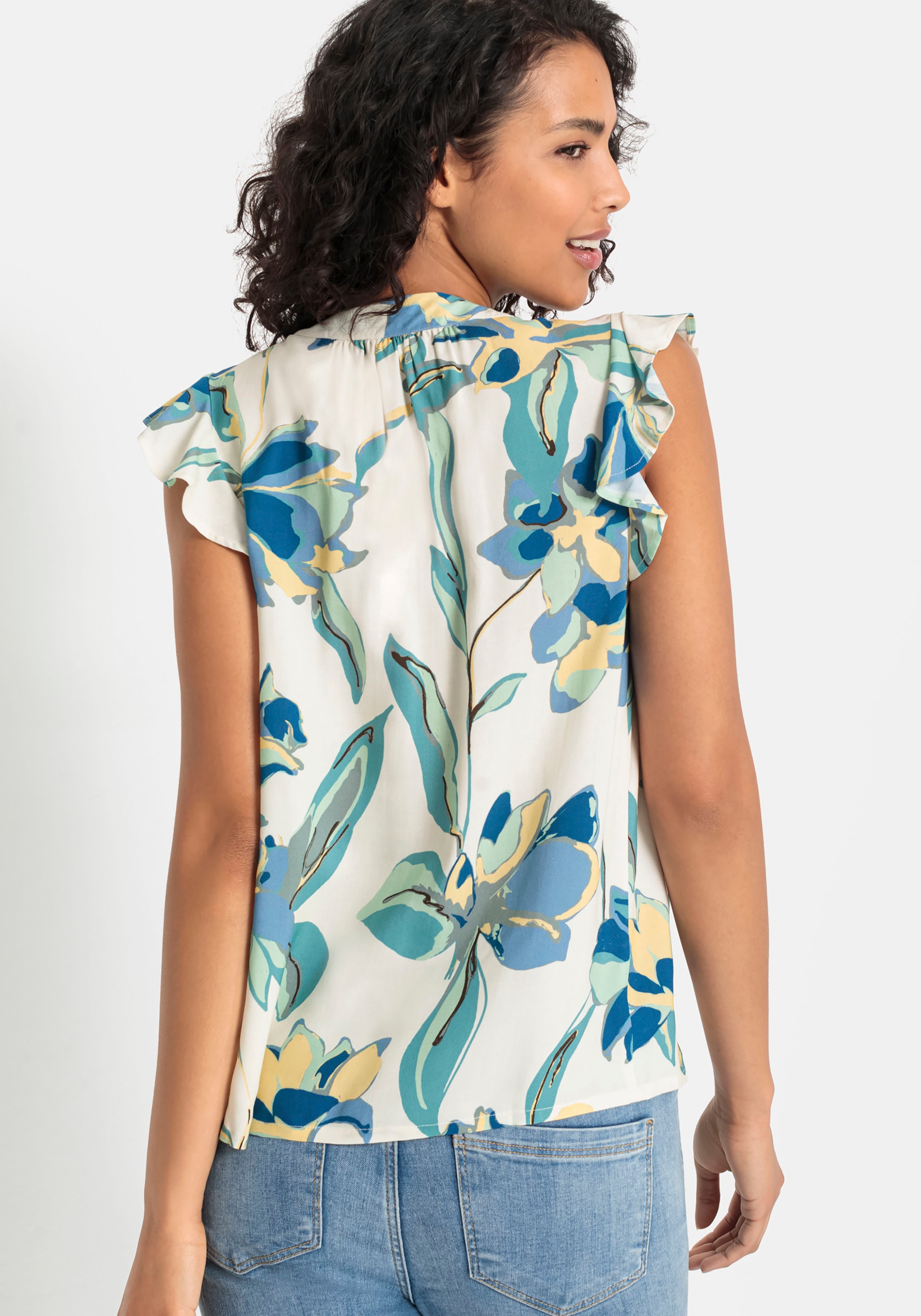 LASCANA Schlupfbluse mit Blumendruck und Rüschenärmeln, Kurzarmbluse, elegant