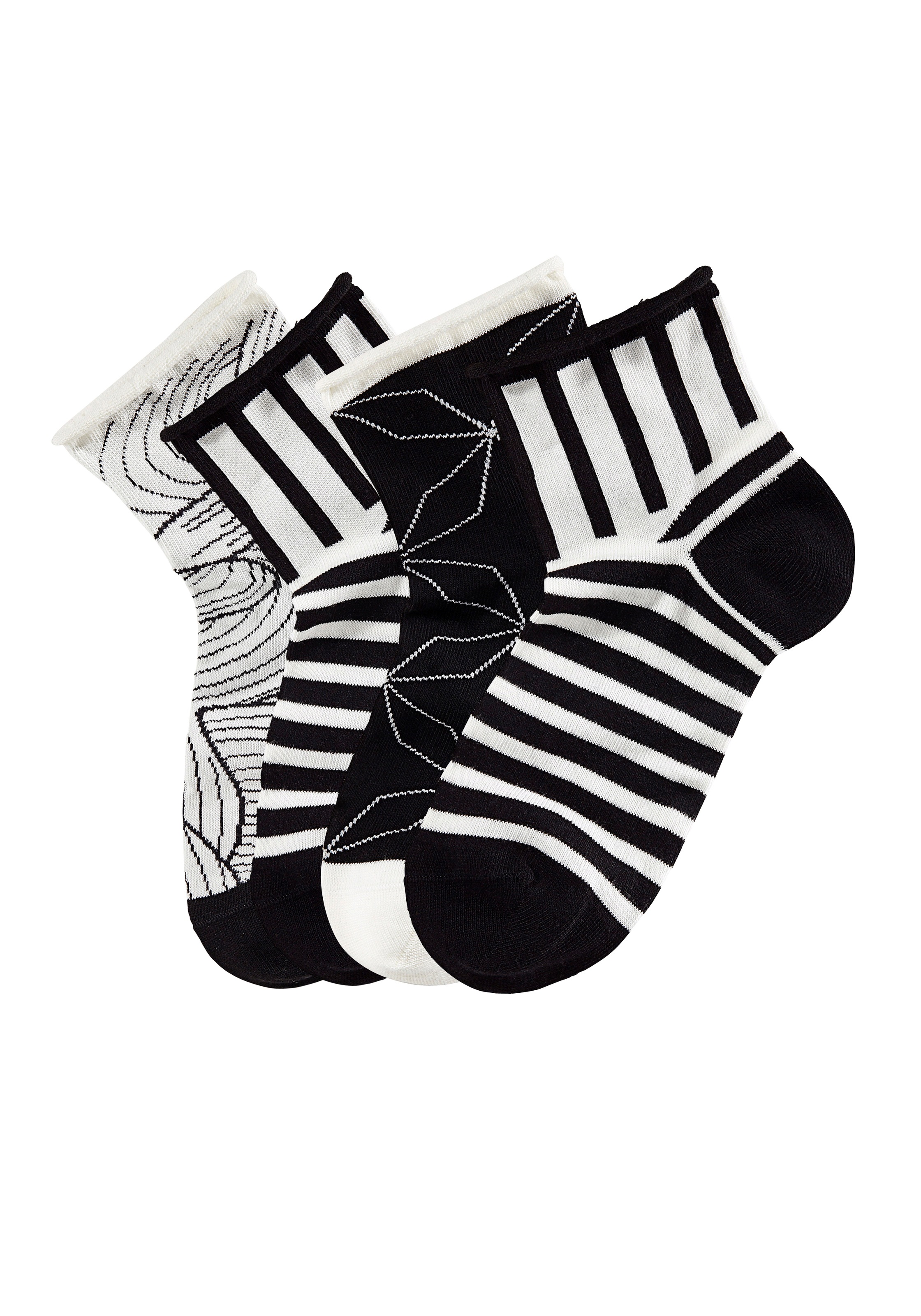 H.I.S Kurzsocken "Damen Socken, schwarz weiß gemustert, kurze Form" Packung, 4 Stk. tlg. in unterschiedlichen Designs