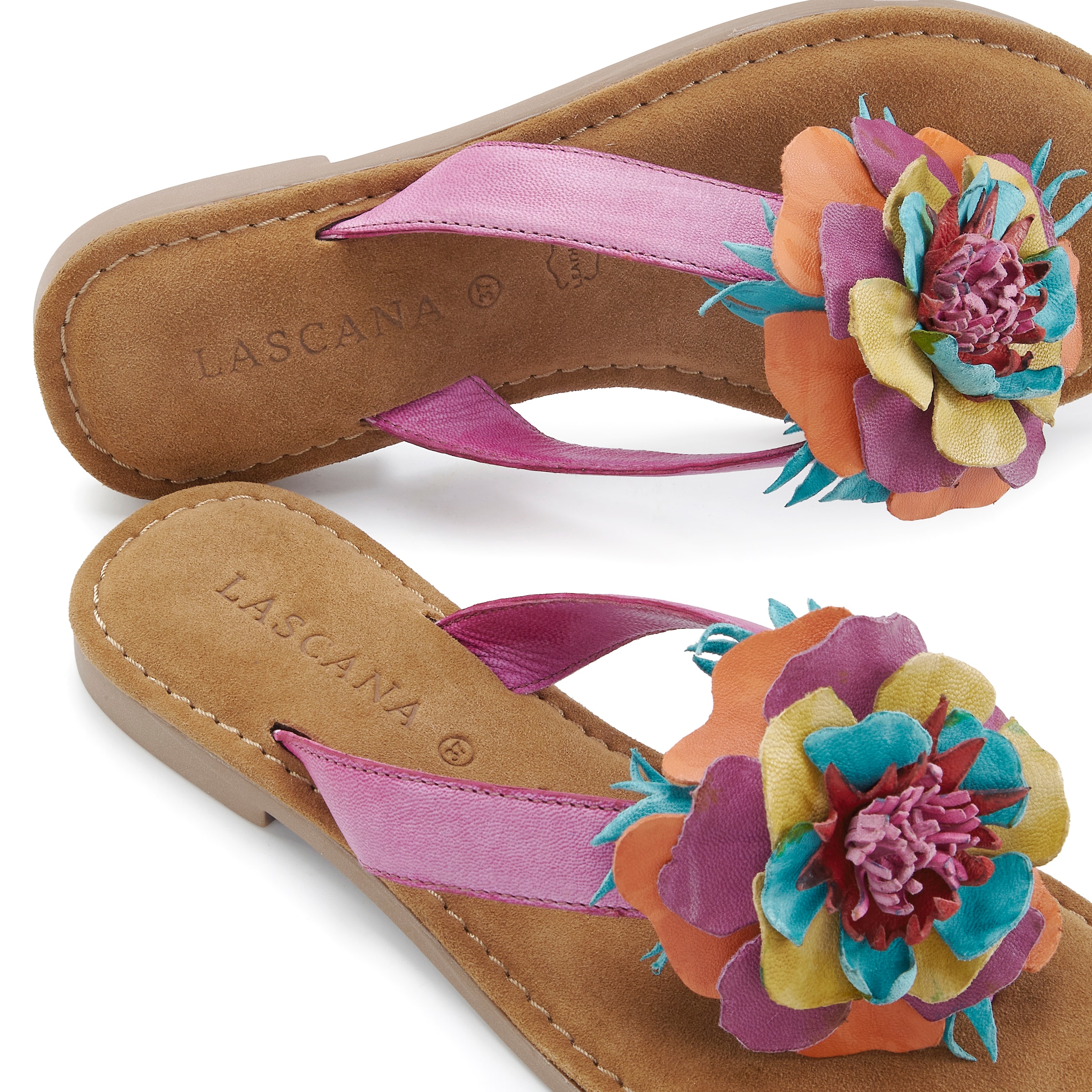 LASCANA Pantolette »Sommerschuh, offener Schuh, Mule, Sandale,«  NOUVEAU en cuir avec application florale raffinée