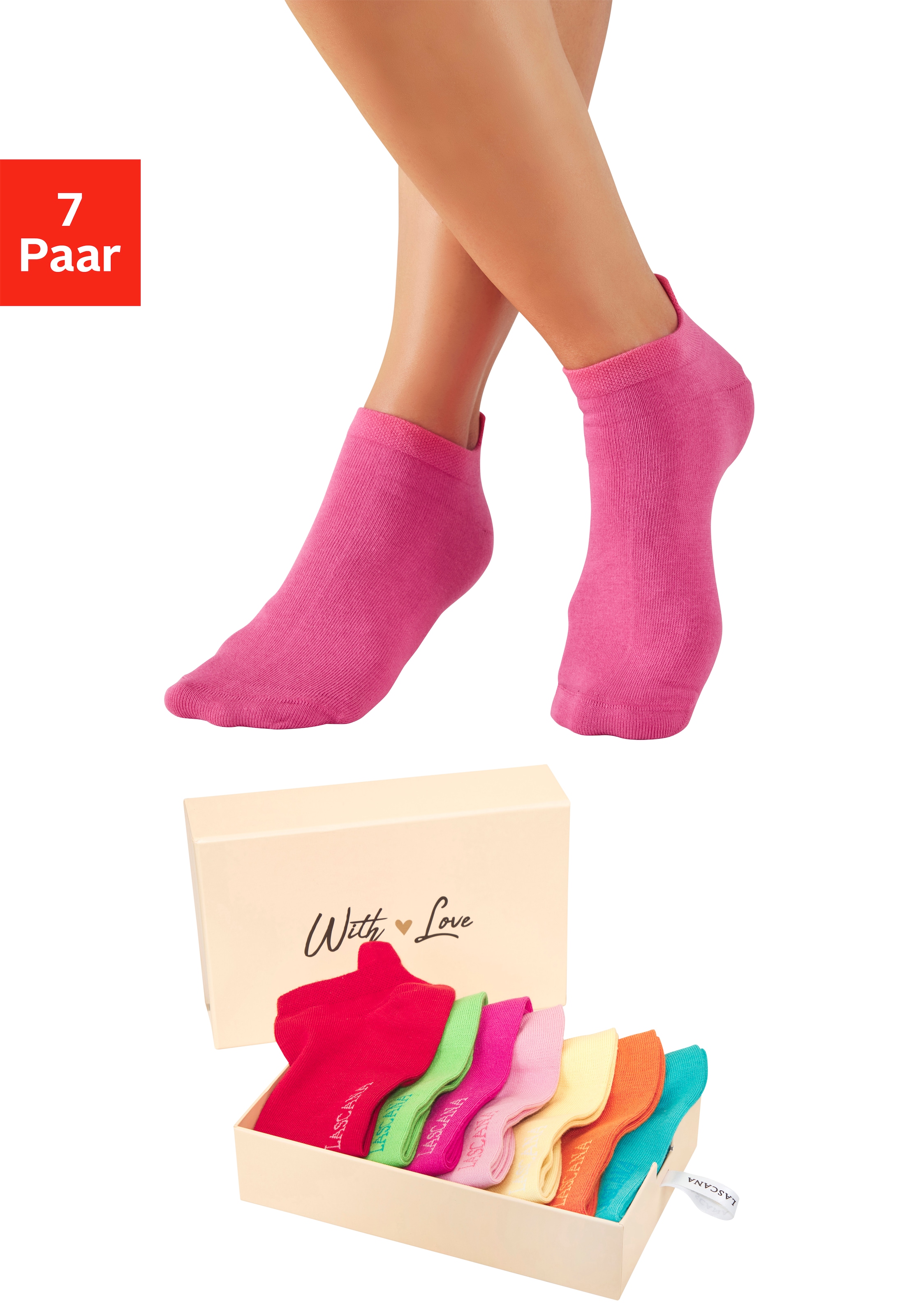 LASCANA Chaussettes de baskets »für Damen mit eingestricktem Markenlogo« Boîte, Boîte, 7 Couple tlg. dans une jolie boîte cadeau