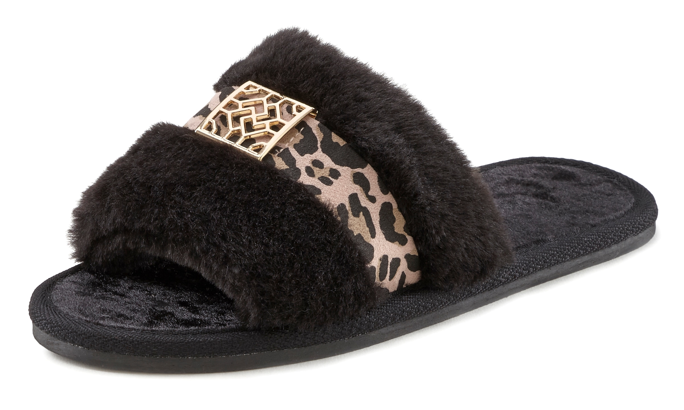 Vivance Pantolette »Hausschuh, Plüschhausschuh,«, mit kuscheligem Fellimitat und Animal-Print VEGAN