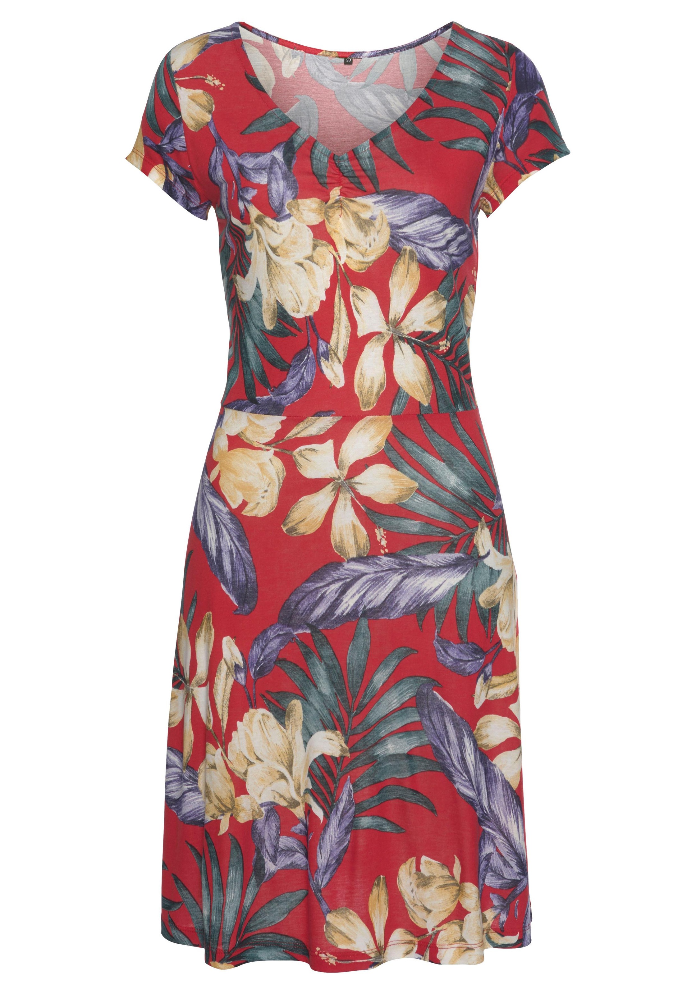 LASCANA Sommerkleid "mit V-Ausschnitt und Alloverdruck, Jerseykleid" Ohne Taschen T-Shirtkleid aus Jersey, leichtes Strandkleid, Viskosekleid