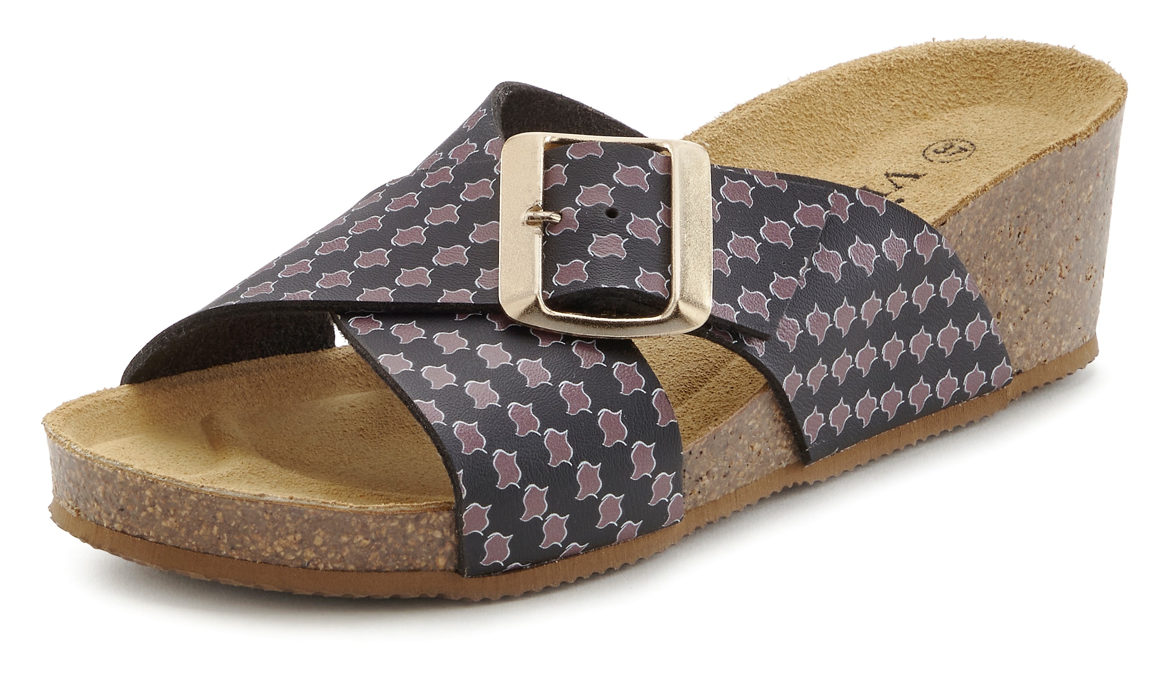 Vivance Pantolette »Sandale, Mule, offener Schuh«, mit Komfortkorkfussbett aus Leder, Keilabsatz und Print