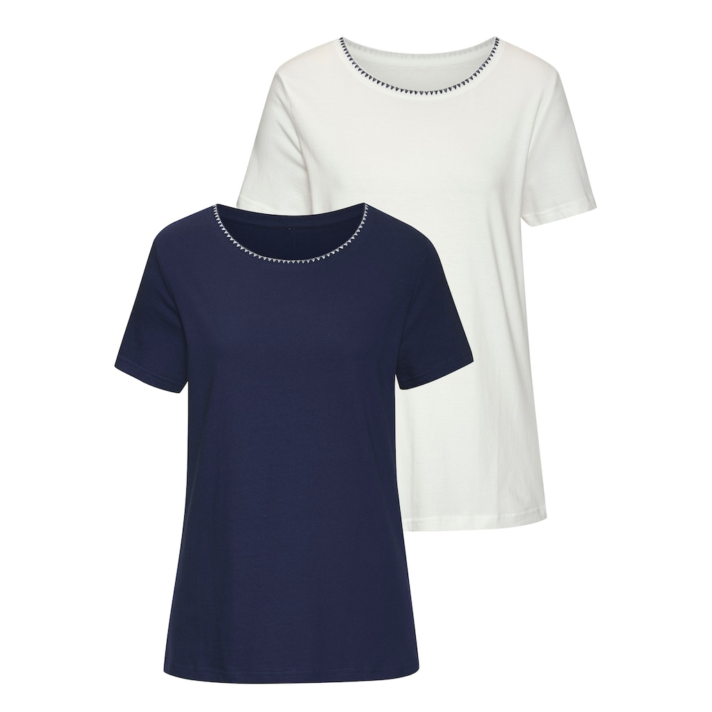 Vivance T-Shirt »mit modischer Kontraststickerei«, (Packung, 2er-Pack), aus weicher Baumwoll-Qualität