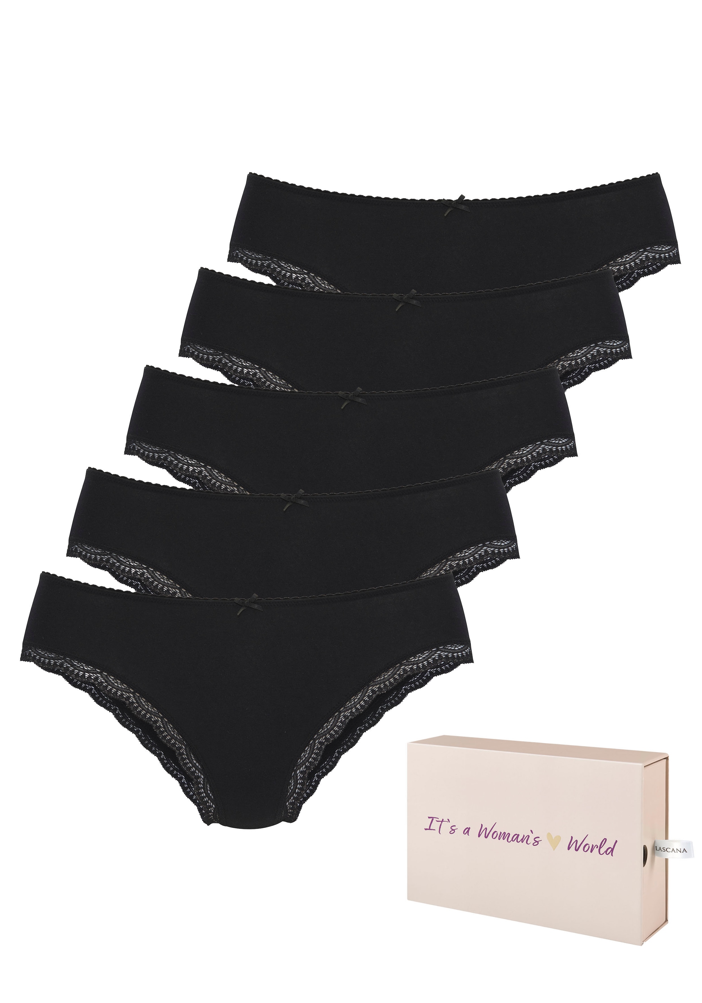 LASCANA Jazz-Pants Slips 5er-Pack, aus elastischer Baumwolle mit zarter Spitze, mit Aufbewahrungsbox
