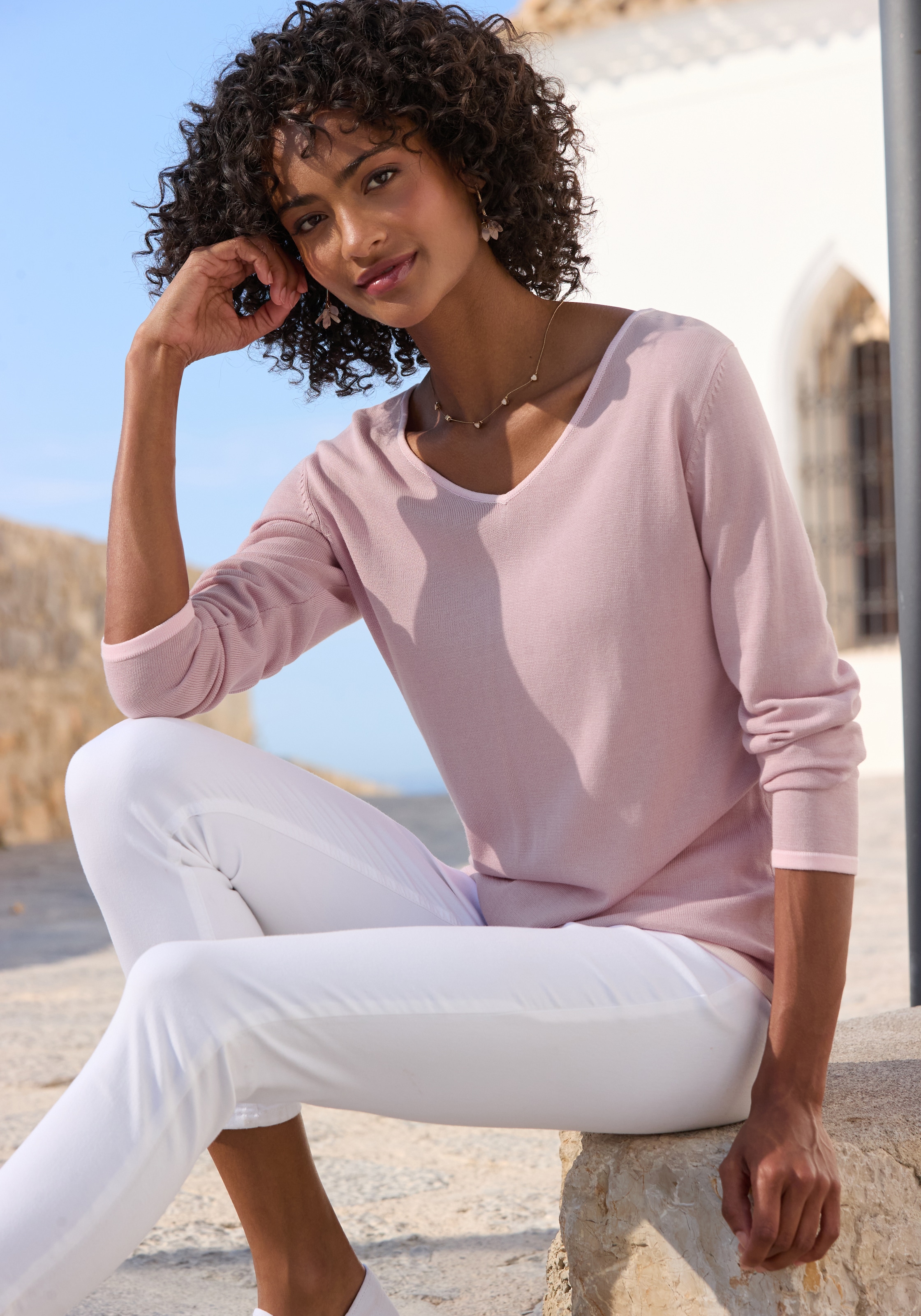 Vivance Pull col V avec bords contrastés, pull basique en maille fine douce, décontracté