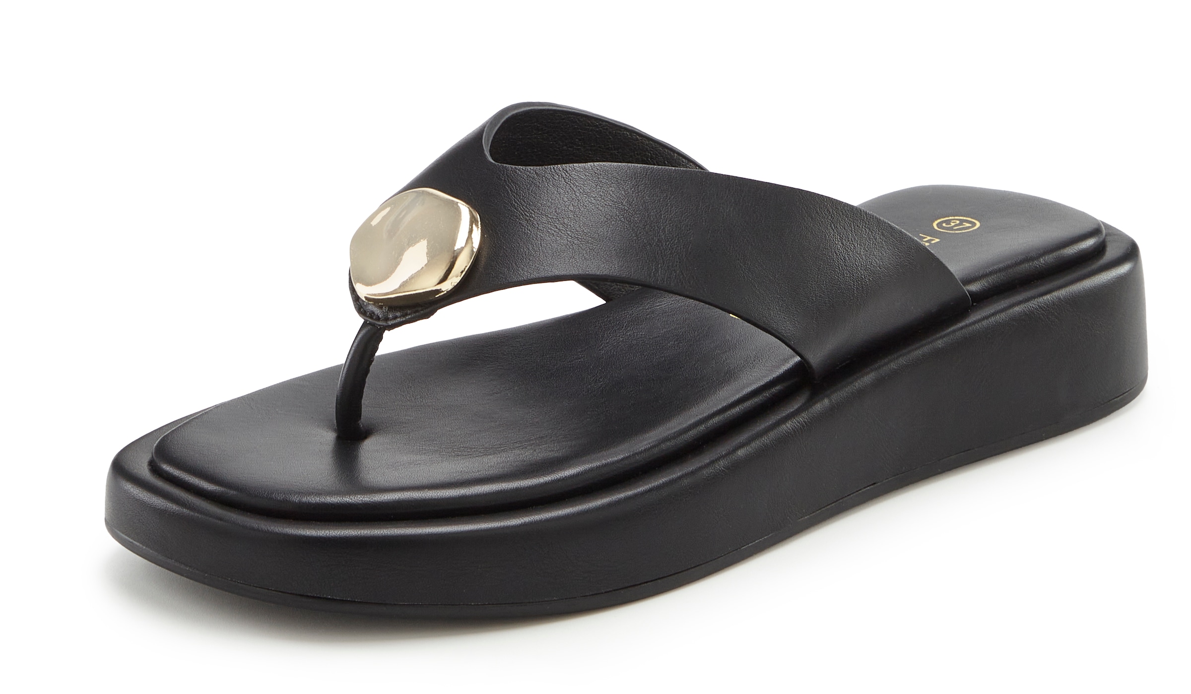 French Connection Zehentrenner »Sandale, Pantolette, offener Schuh, Sommerschuhe«  NEU mit goldfarbenem Schmuckelement und bequemer Sohle VEGAN