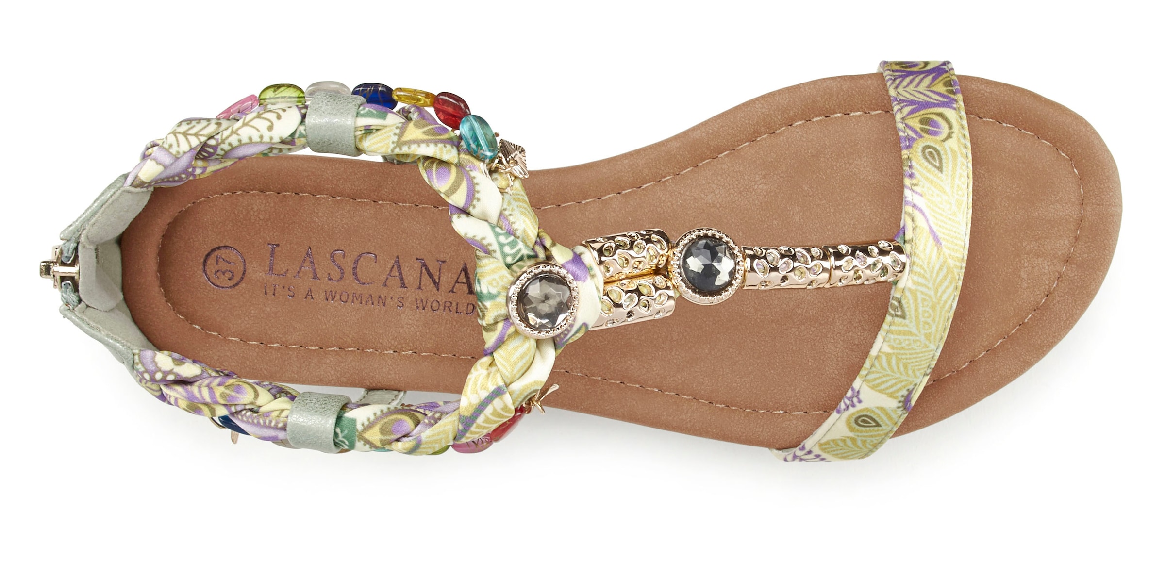 LASCANA Sandale »Sommerschuh«, Sandalette, Sommerschuh mit Schmuckkettchen und Schmucksteinen VEGAN