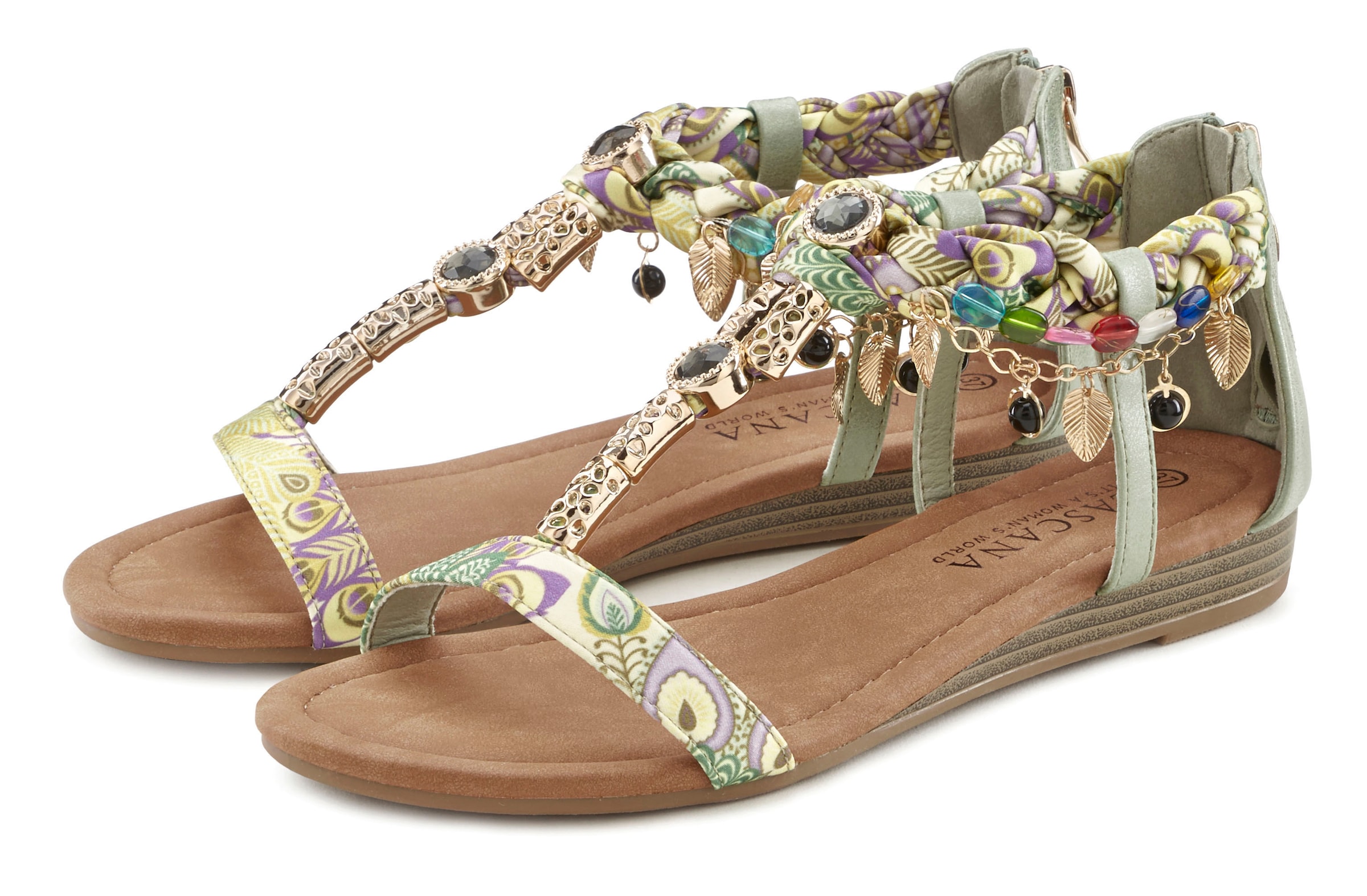 LASCANA Sandale »Sommerschuh«, Sandalette, Sommerschuh mit Schmuckkettchen und Schmucksteinen VEGAN