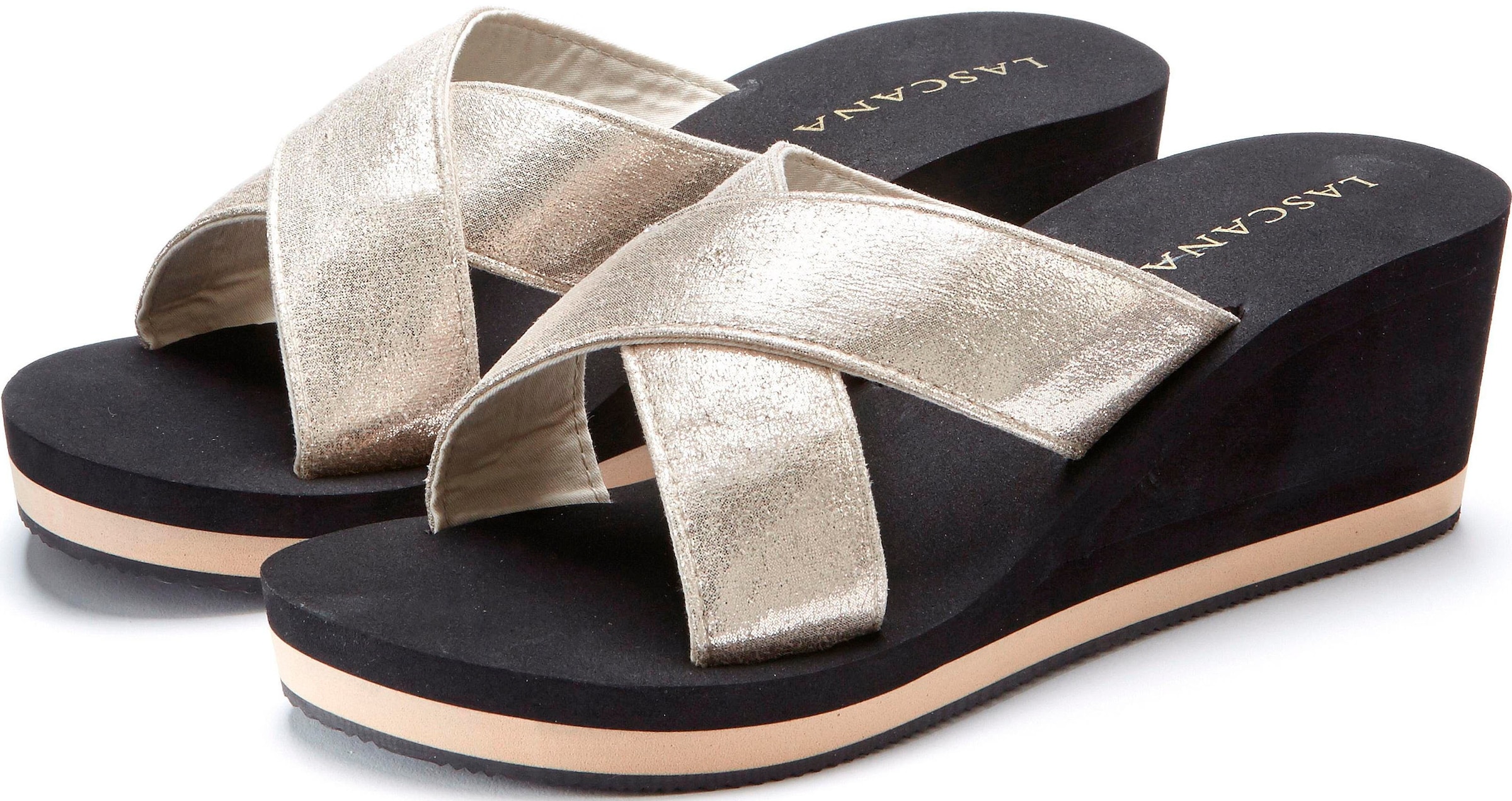 LASCANA Badepantolette Sandale, Pantolette, Badeschuh mit Keilabsatz und Metallic-Optik VEGAN