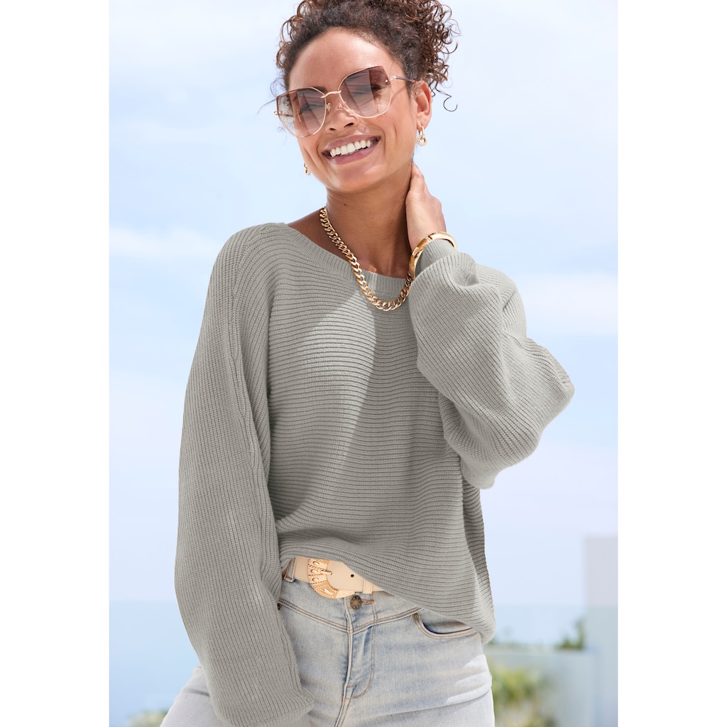 LASCANA Rundhalspullover, mit Zierknöpfen hinten, lockerer Strickpullover