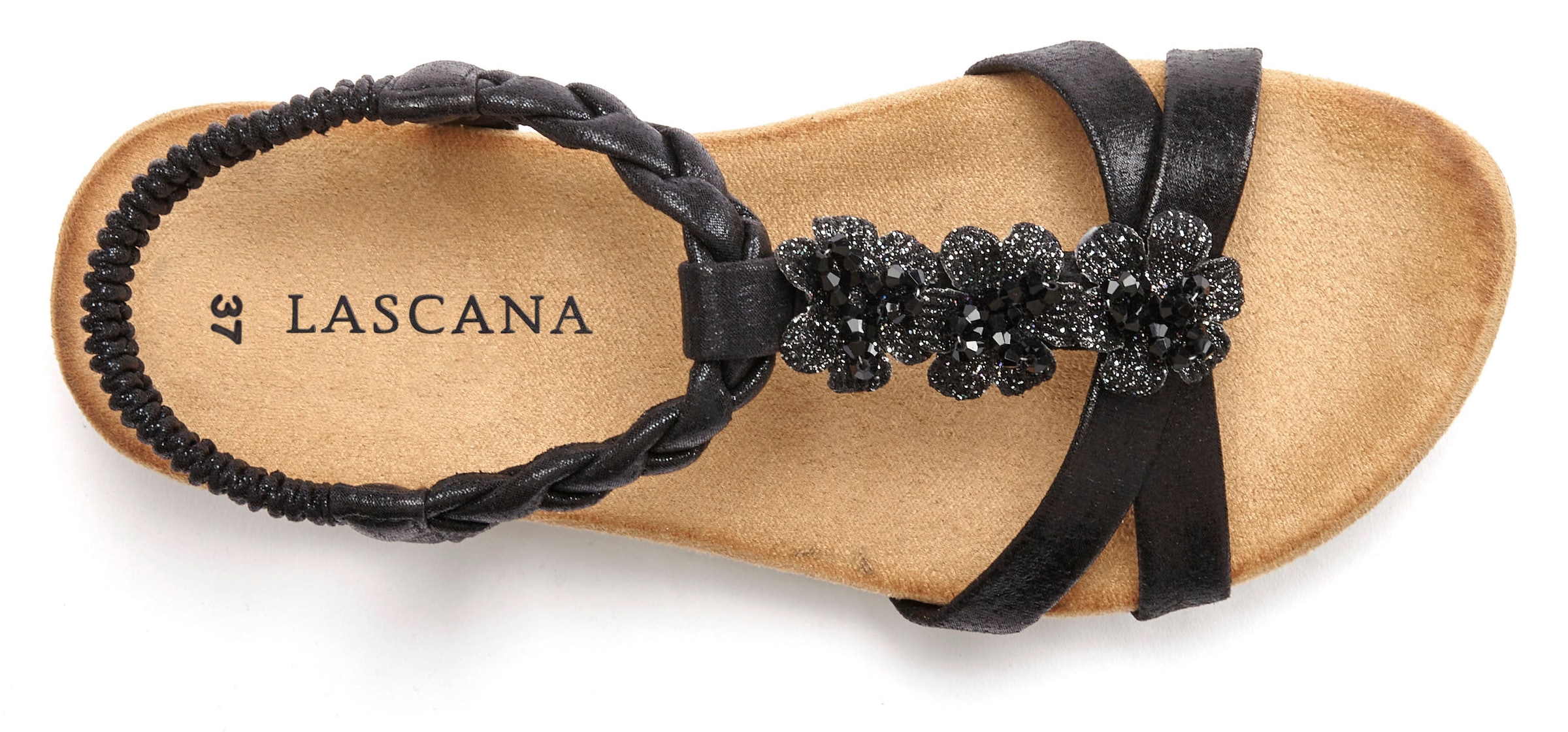 LASCANA Sandale »Sommerschuh, Sandalette, offener Schuh,«  mit eleganten Schmucksteinchen und elastischem Riemchen