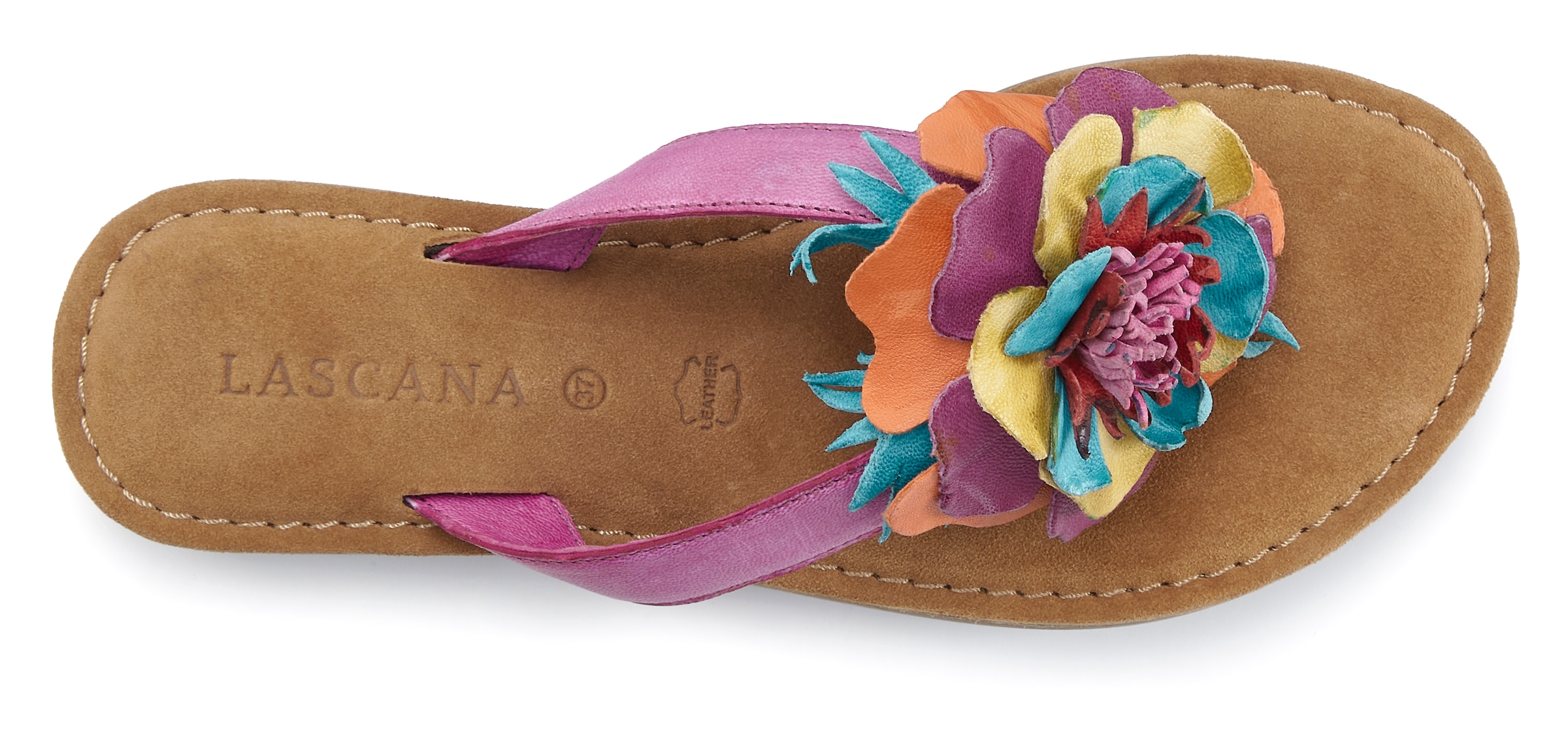 LASCANA Pantolette »Sommerschuh, offener Schuh, Mule, Sandale,«  NOUVEAU en cuir avec application florale raffinée