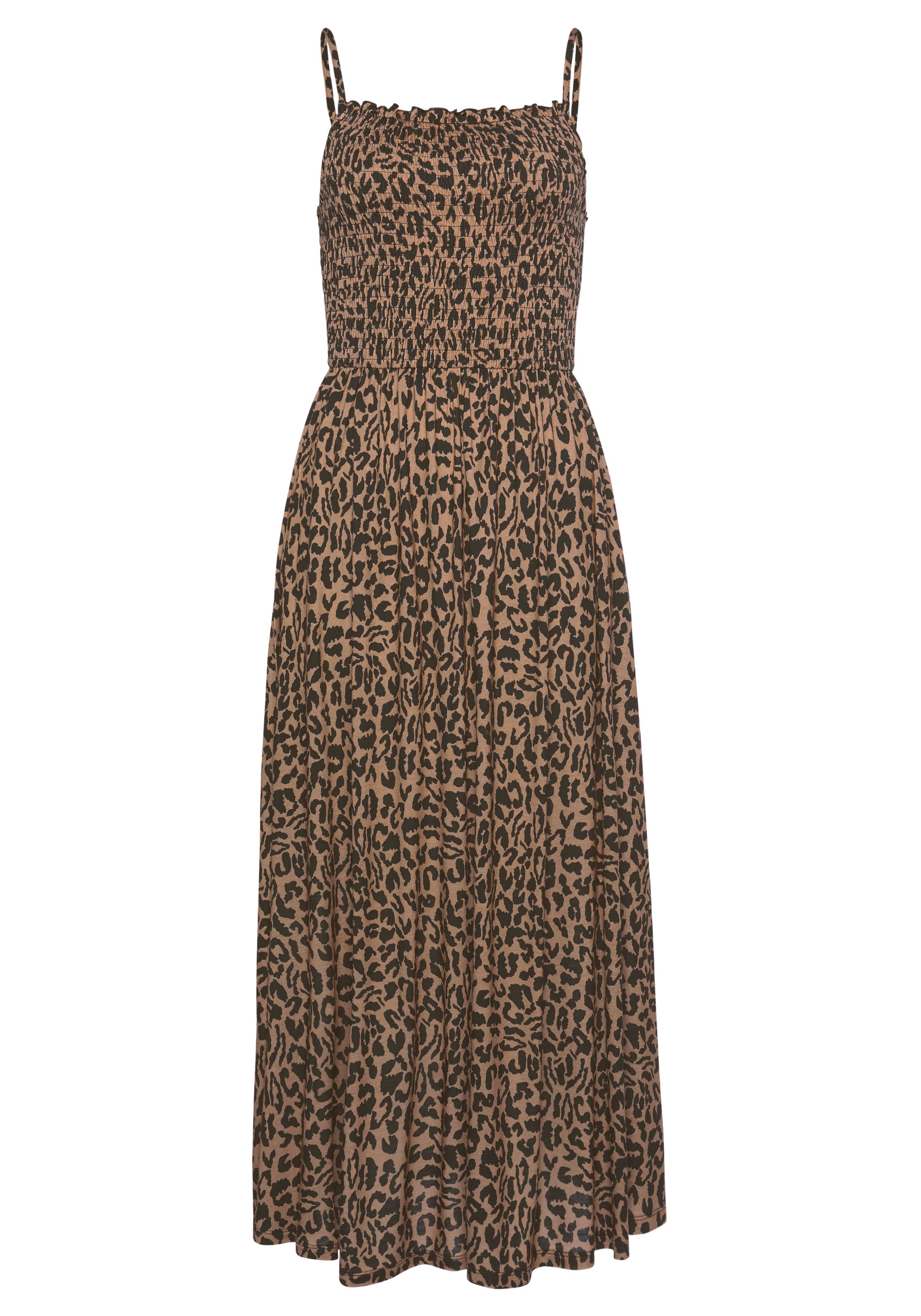 Buffalo Midikleid "mit gesmoktem Oberteil und Animalprint" feminines Jerseykleid, Animalkleid, Leokleid, Sommerkleid