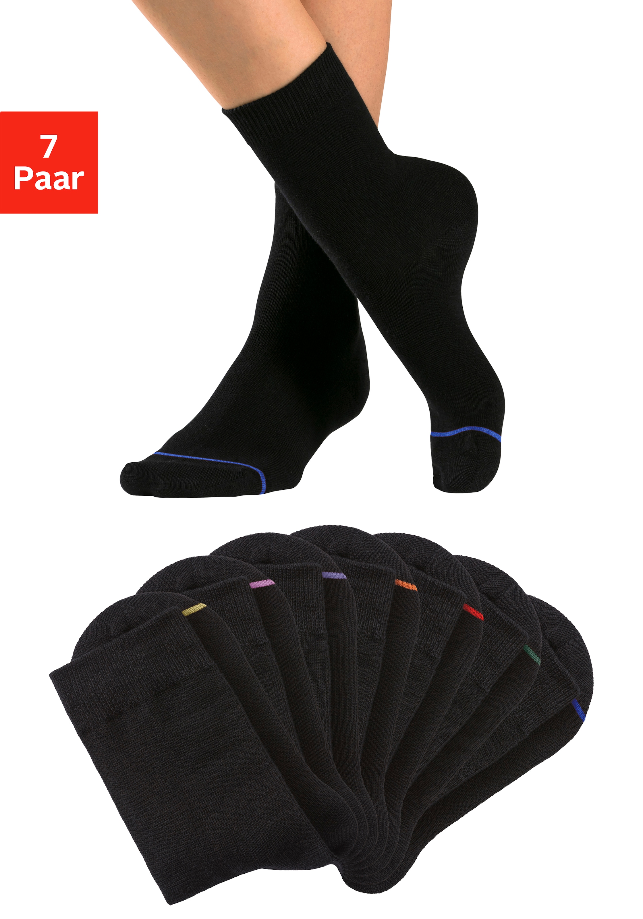 H.I.S Basicsocken Packung, 7 Stk. tlg. mit eingestrickter farbiger Spitzennaht