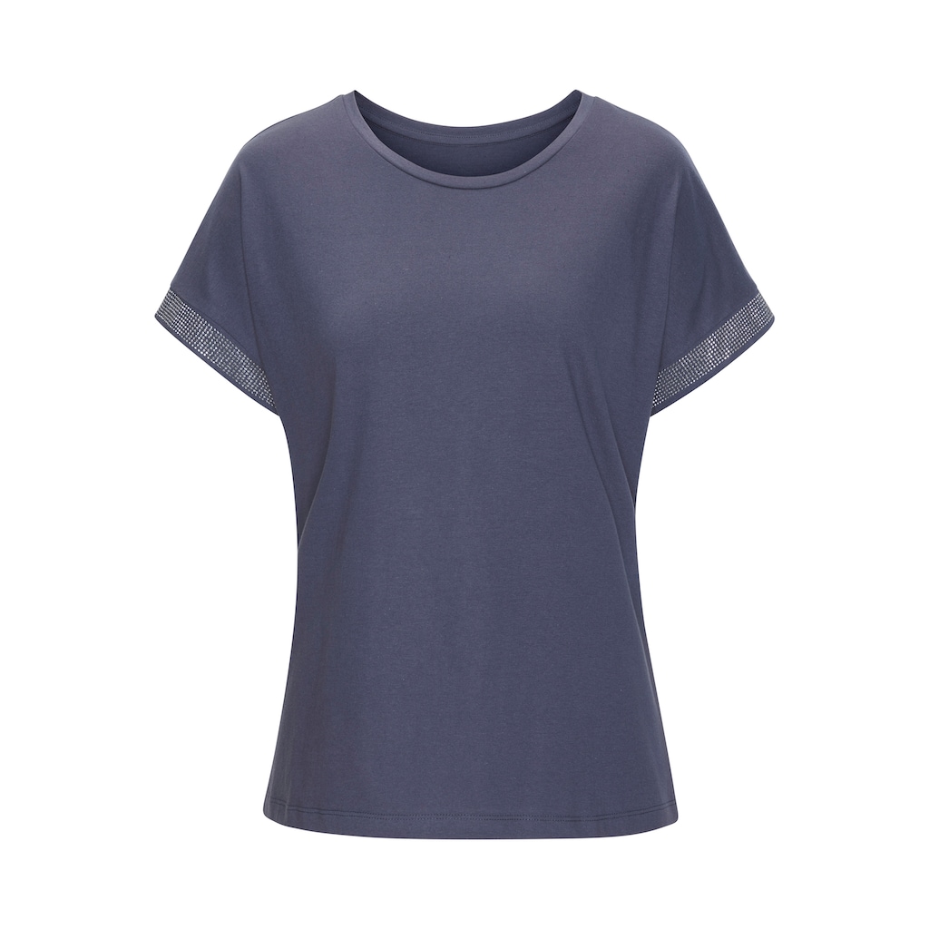 LASCANA Kurzarmshirt »mit glitzernem Strass-Design am Arm«, aus weicher Baumwoll-Qualität