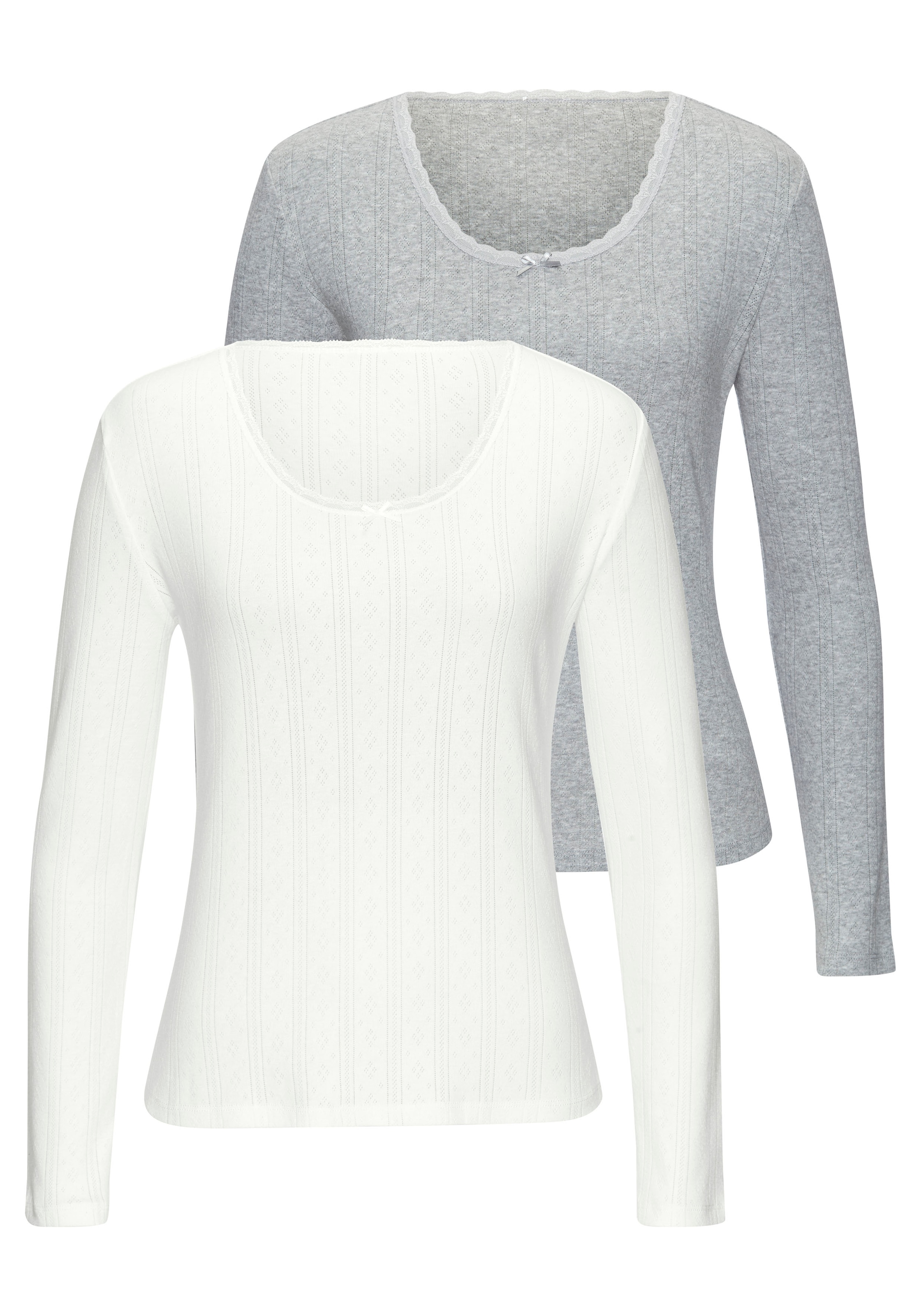 Vivance Langarmshirt 2er-Pack, aus feiner Pointelle-Ware mit Spitze, reine Baumwolle
