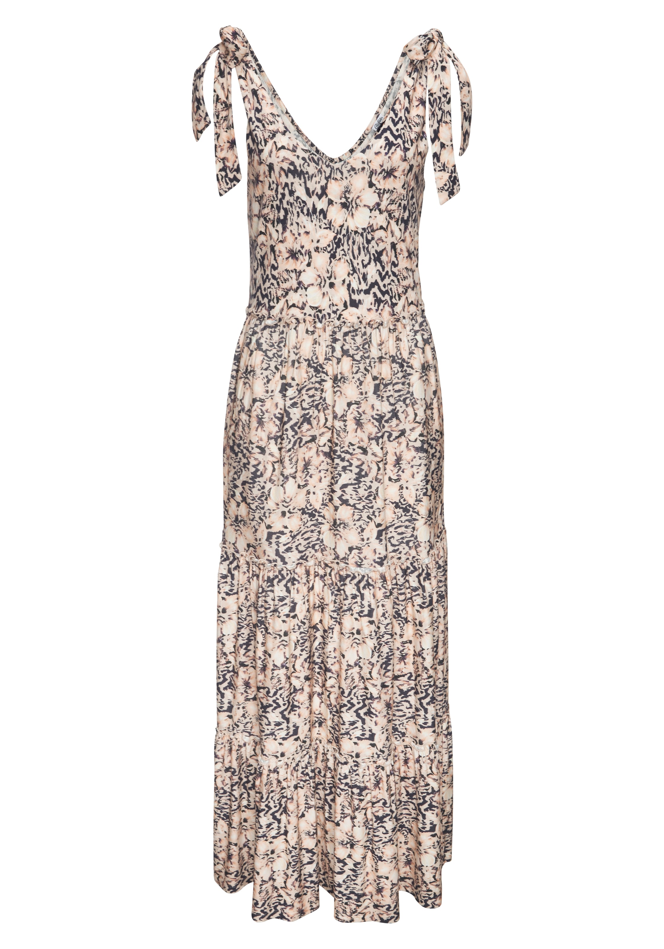 Buffalo Maxi robe »in lockerem Schnitt mit gestuftem Rockteil und Blumendruck« Sans poches longue robe de plage, robe d'été en viscose, robe en jersey aérée