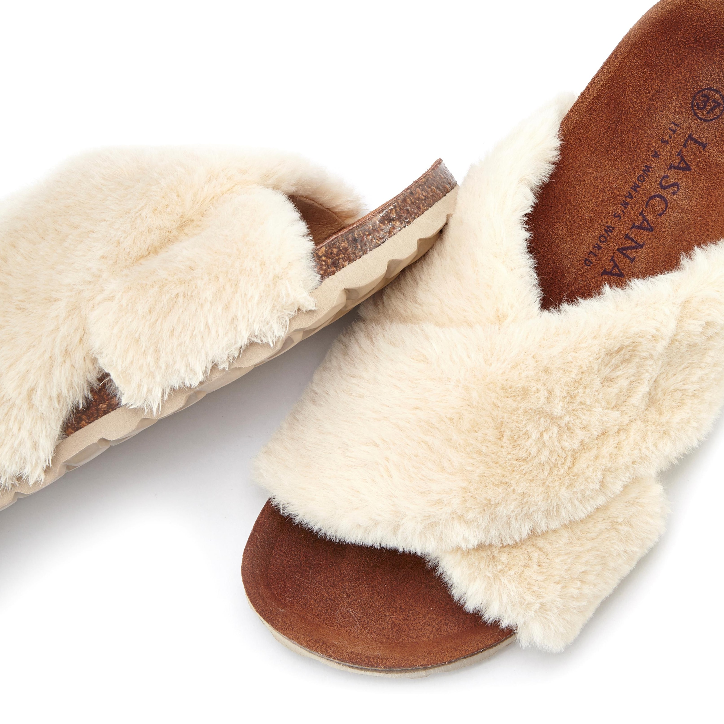 LASCANA Pantolette »Hausschuh, Mule, Sandale, offener Schuh,«, mit Korkfussbett und Fellimitat