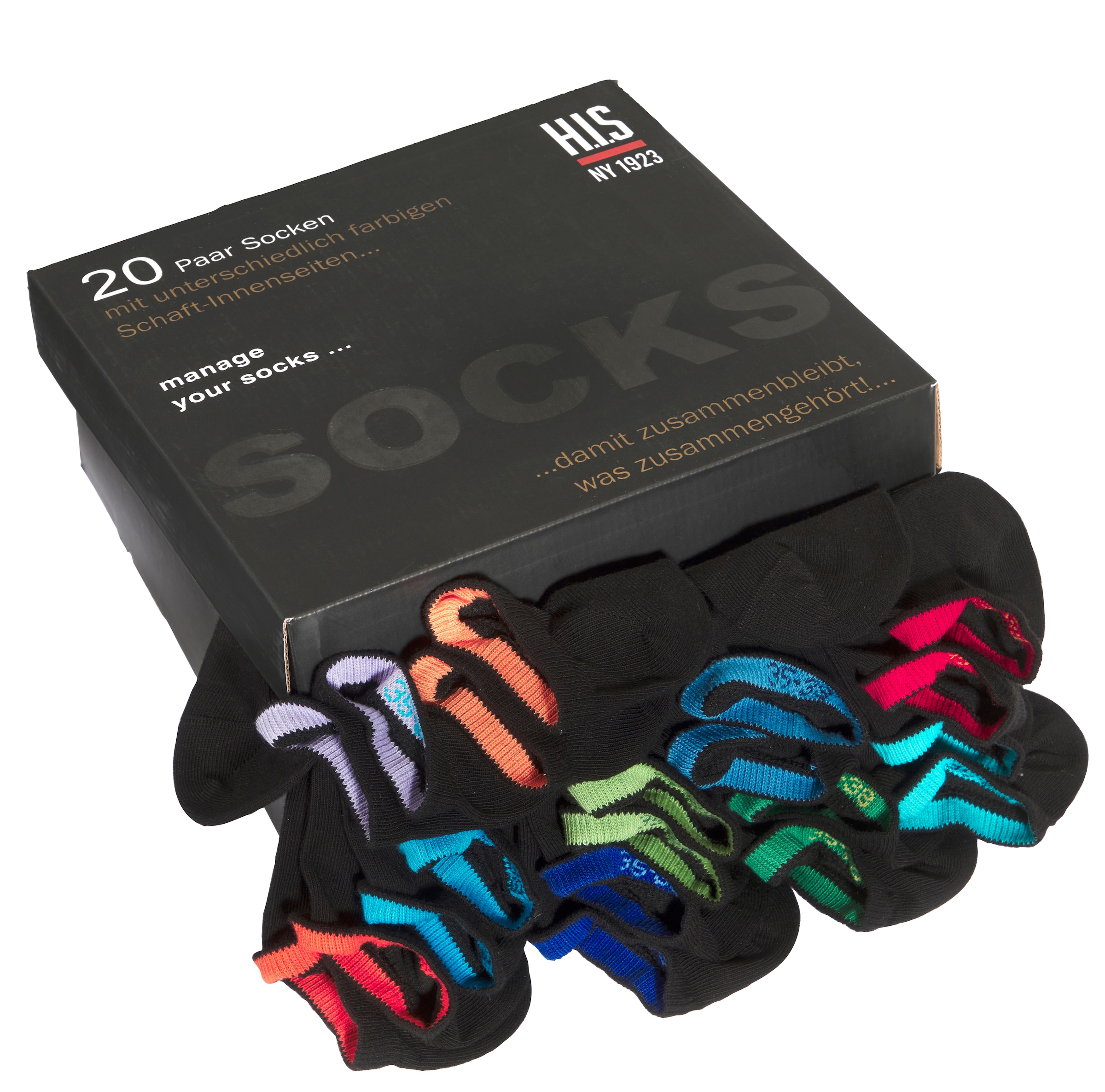 H.I.S Chaussettes de baskets »für Damen und Herren, perfekt zu sortieren, mit farbigen Innenbündchen« Boîte, 20 Couple tlg. dans une boîte cadeau pratique pour le travail et les loisirs