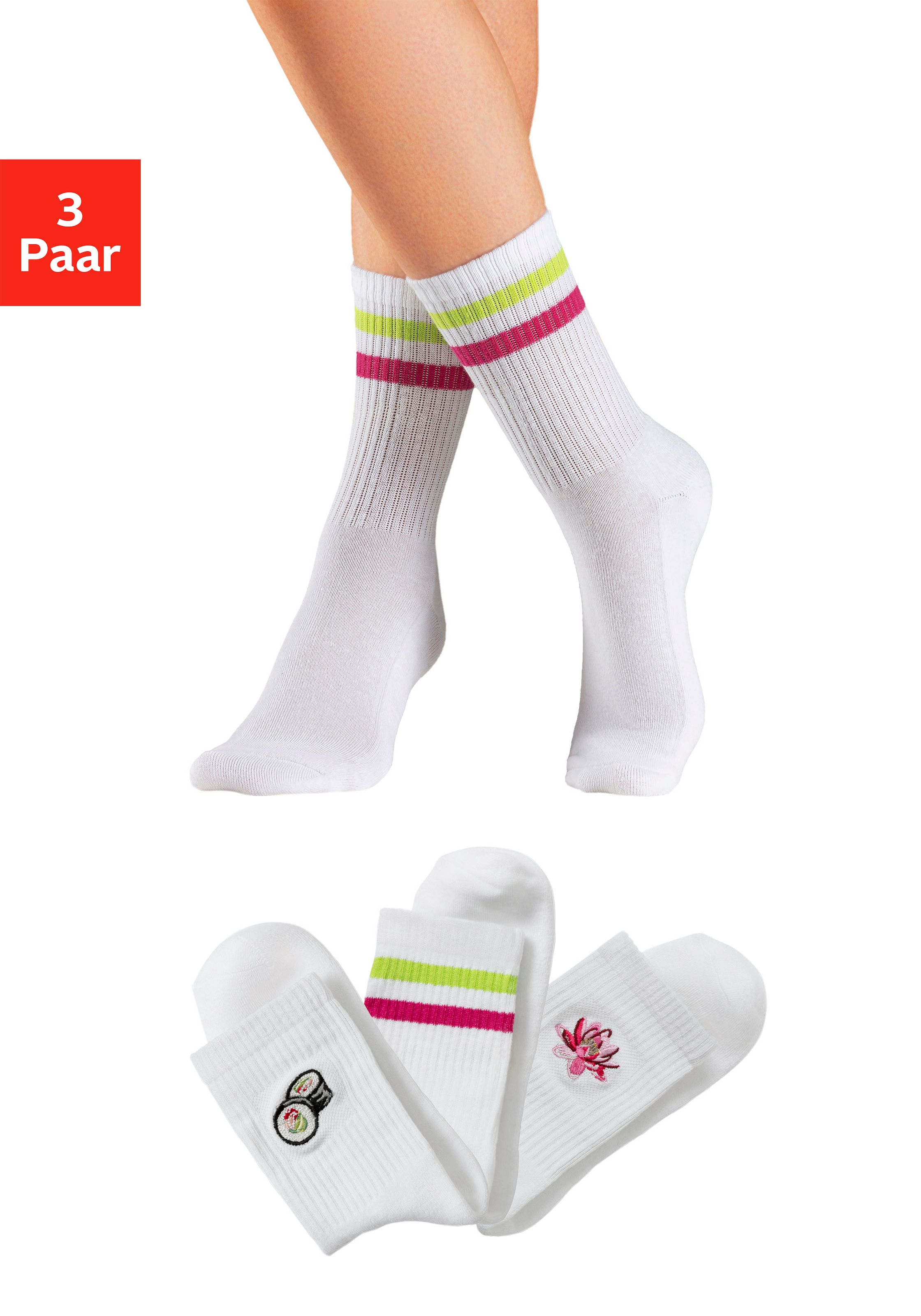 LASCANA Tennissocken Packung, 3 Stk. tlg. mit Frotteesohle und Stickerei