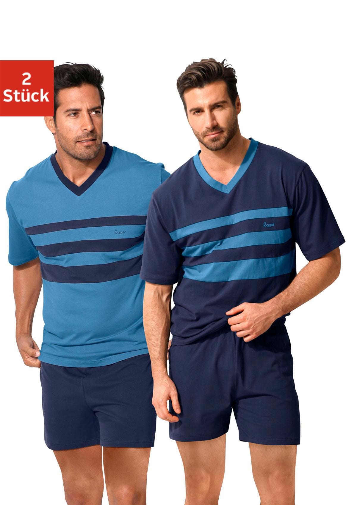 le jogger® Pyjama Packung, 2 Stück, 4 tlg. Schlafanzug mit kontrastfarbigen Einsätzen vorn
