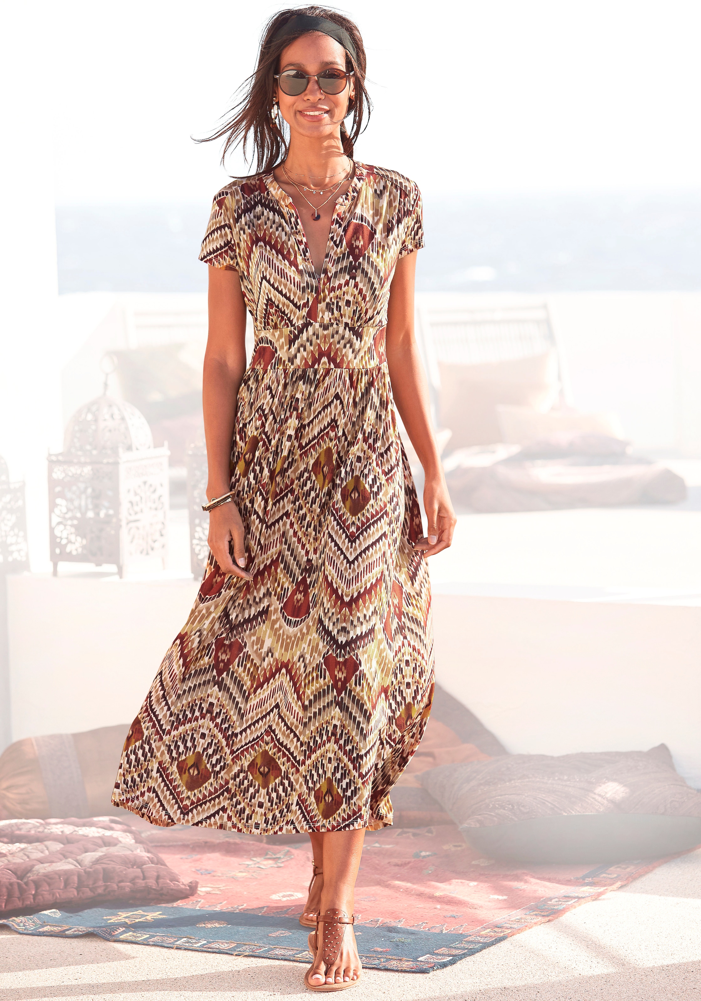 LASCANA Midikleid, mit Ethnoprint und Reissverschluss vorne, Sommerkleid, Strandkleid