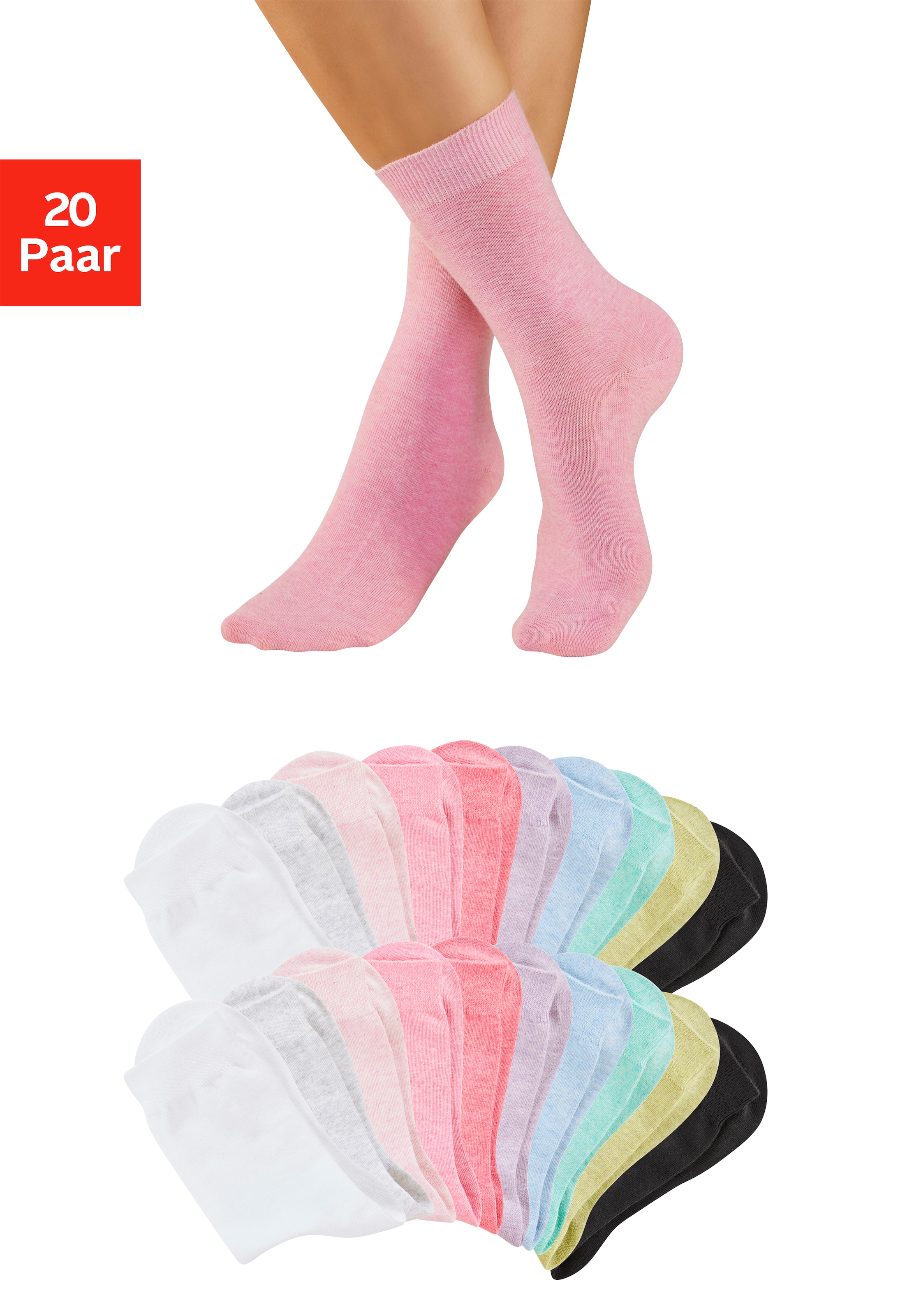 H.I.S Chaussettes basiques »Damensocken, frische melierte Farben; casual« Paquet, 20 Couple tlg. Chaussettes de tous les jours en gros paquet