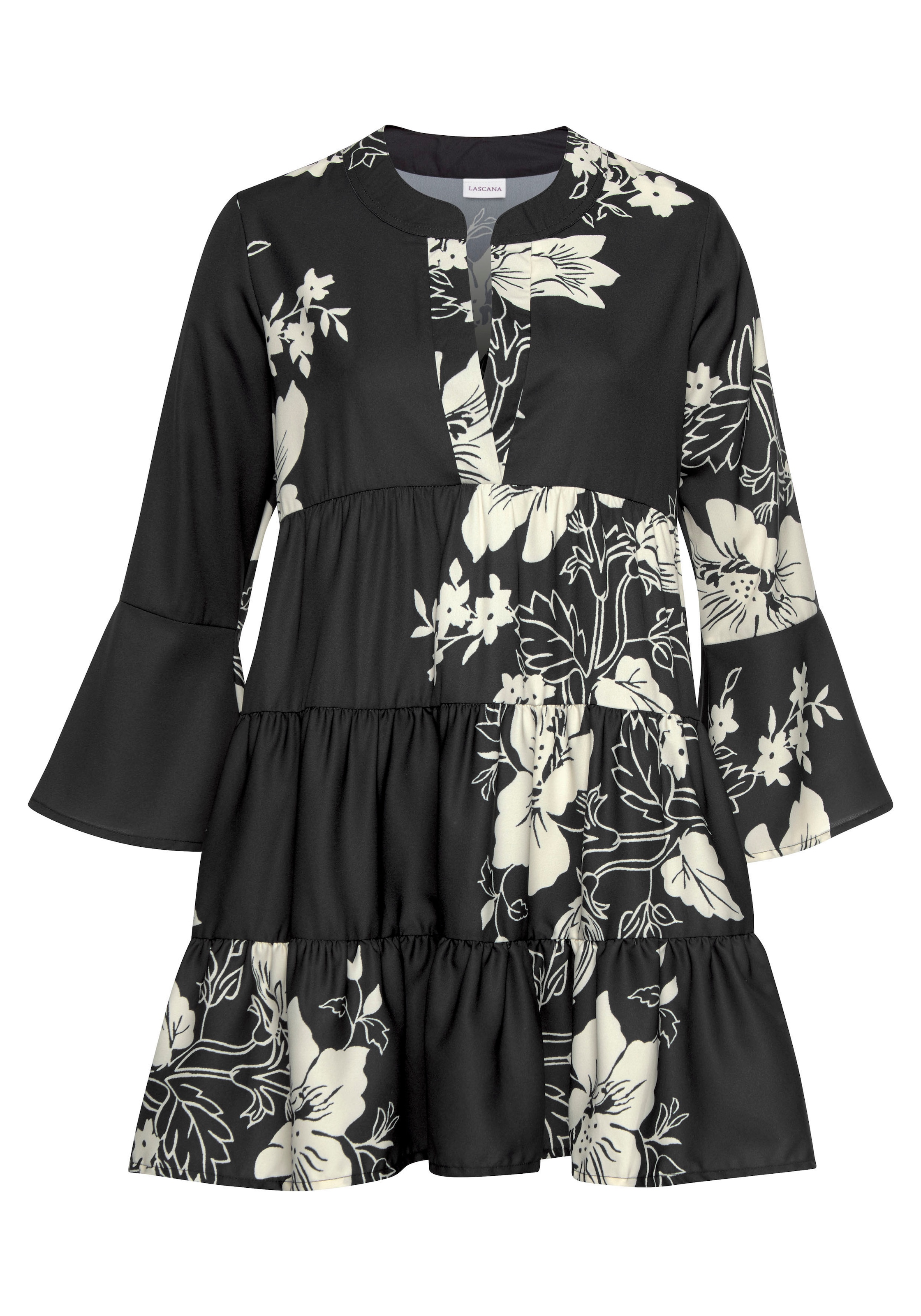 LASCANA Blusenkleid, in weiter Form mit Volants und Blumenprint, Tunikakleid, Strandkleid