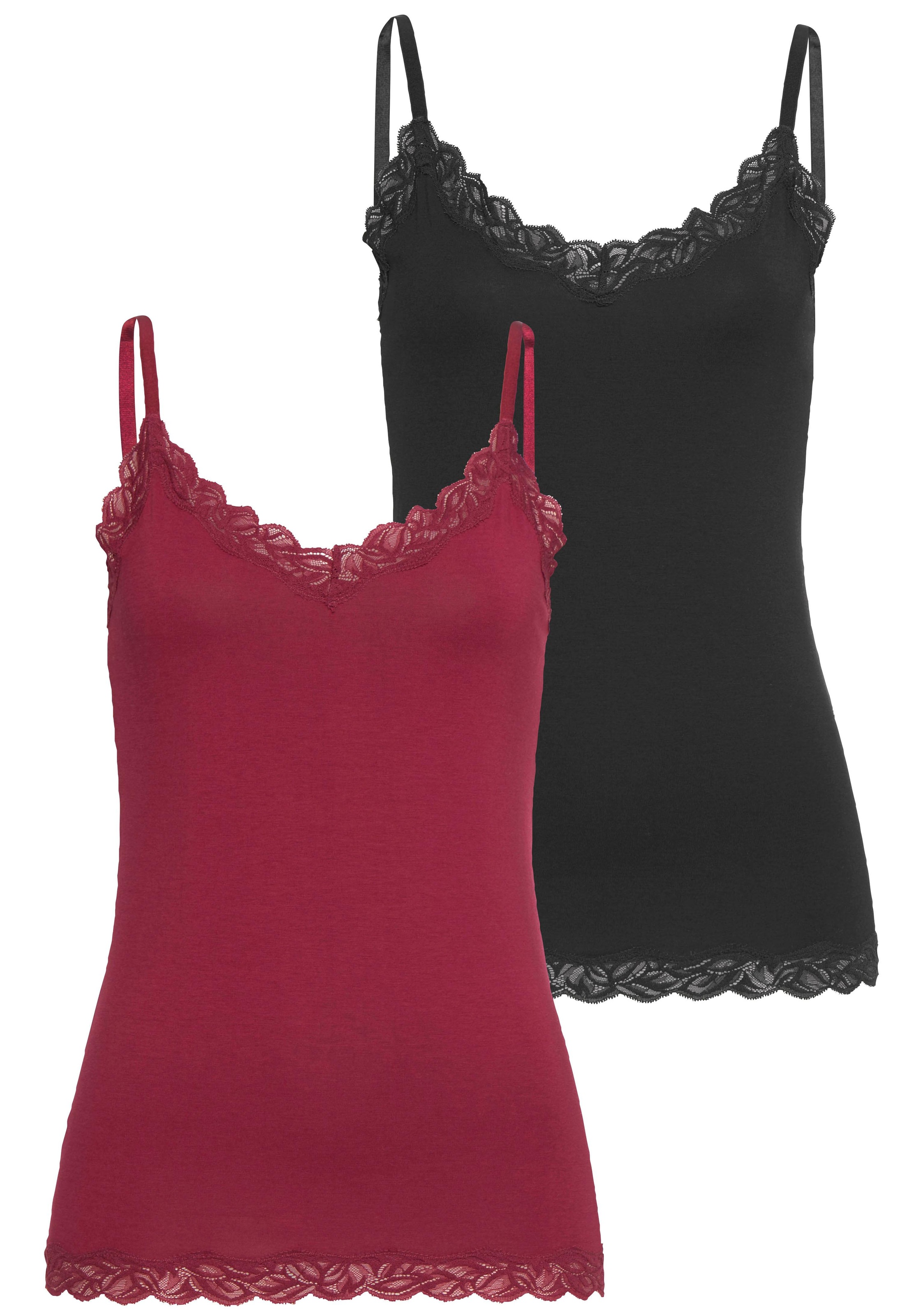 LASCANA Unterhemd Packung, 2er-Pack, 2 Stk. mit floraler Spitze, Spaghettiträger-Top, Spitzen-Top