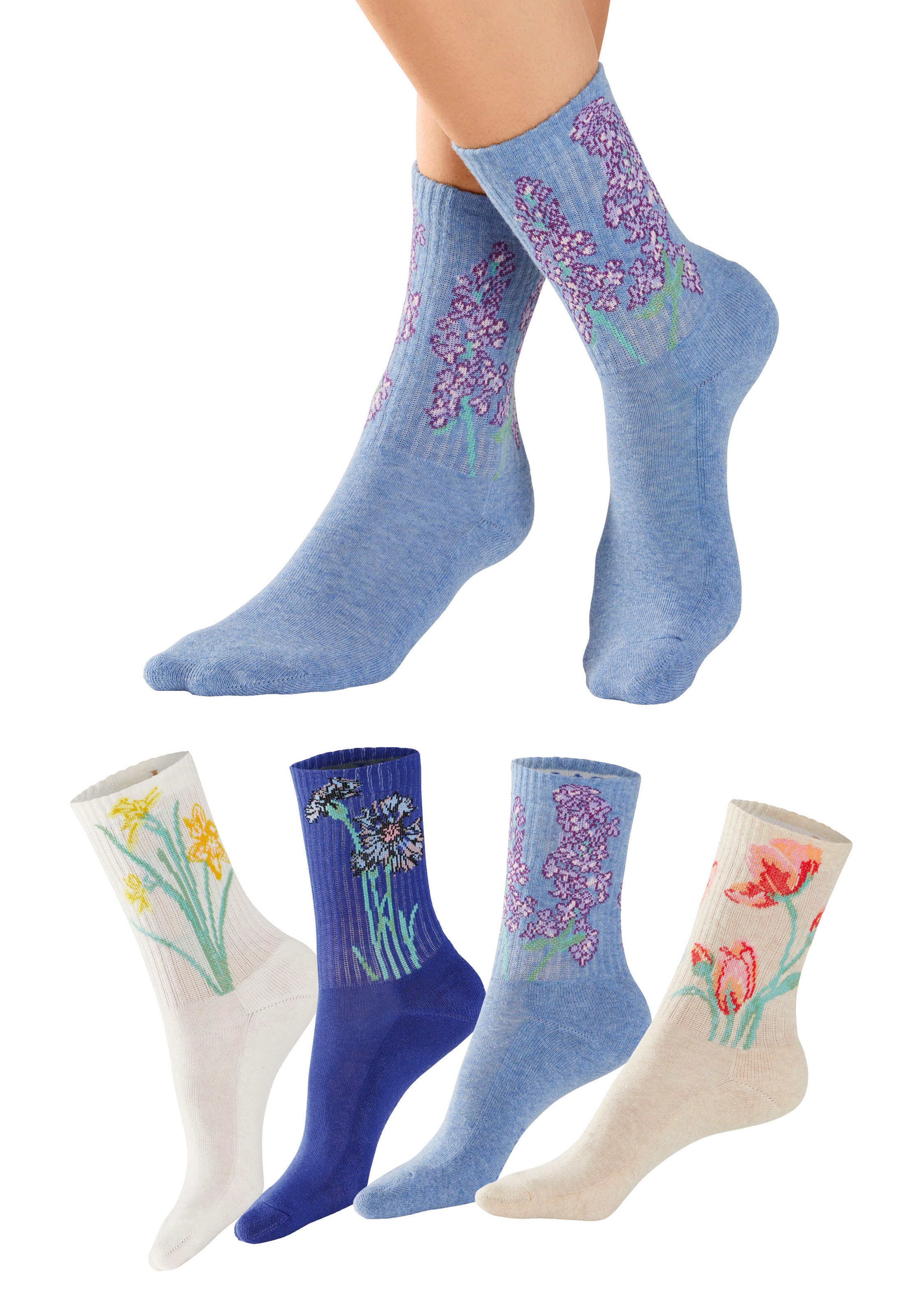 LASCANA Basicsocken Packung, 4 Paar tlg. mit eingestrickten Blumen Motiven