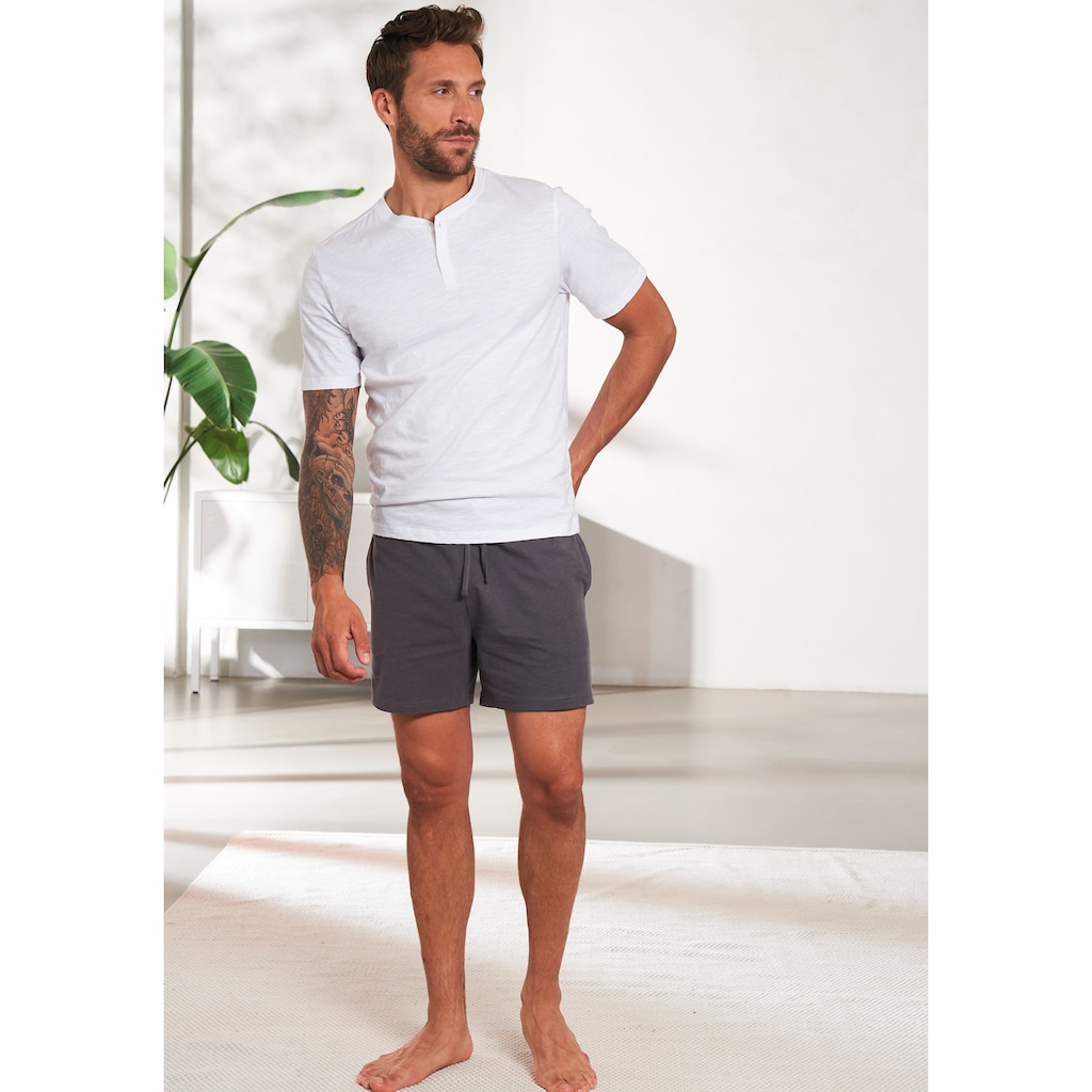 AUTHENTIC LE JOGGER Pyjama, (Packung, 4 tlg., 2 Stück), mit Knopfleiste am Halsausschnitt, Shirt aus strukturierter Baumwolle