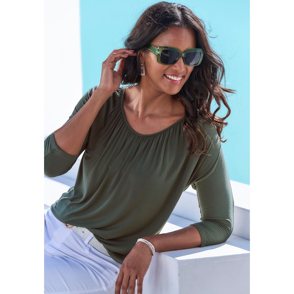 LASCANA 3/4-Arm-Shirt »mit zarter Raffung am Ausschnitt«, (2er-Pack), aus weichem Viskose-Stretch