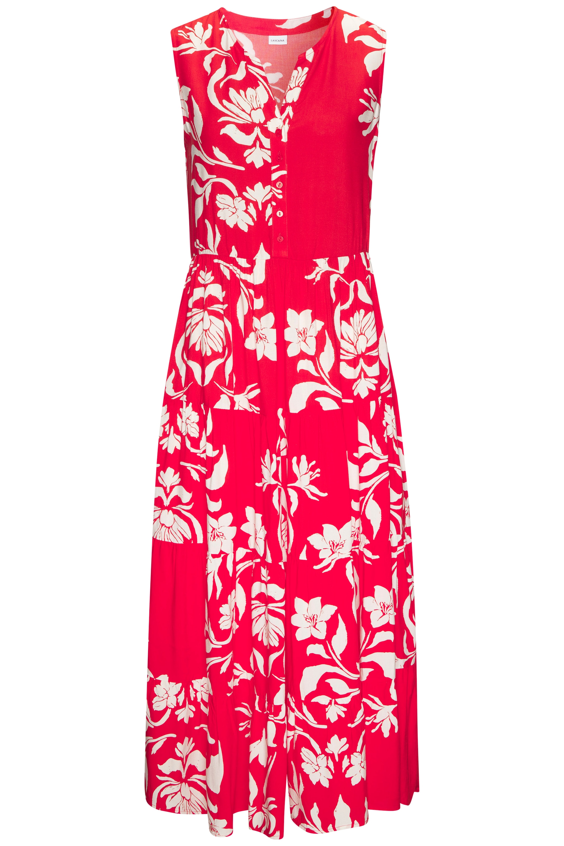 LASCANA Maxi robe avec imprimé floral et patte de boutonnage, robe d'été, robe de plage