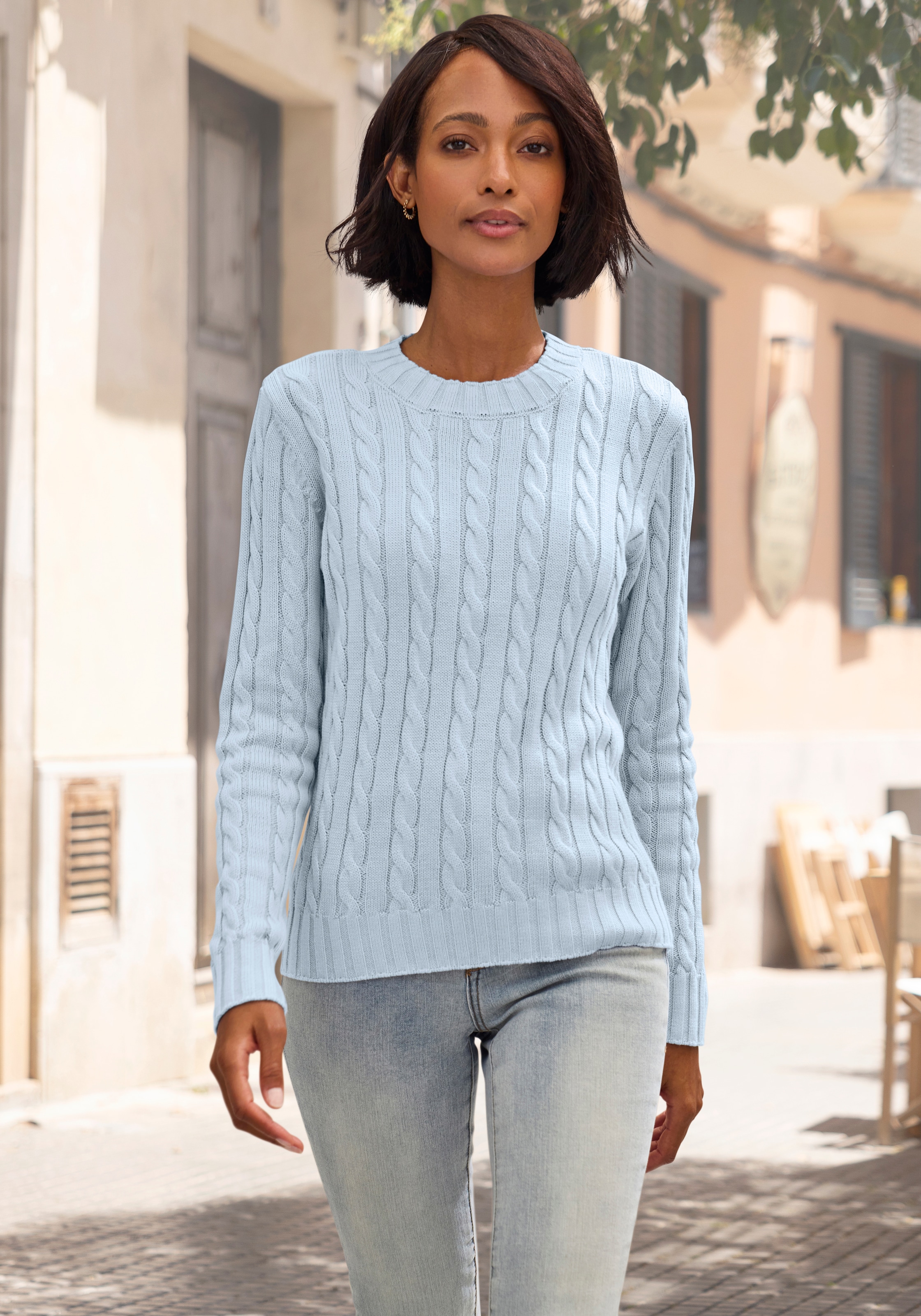 LASCANA Pull à col rond avec motif torsadé, pull en maille confortable, classique