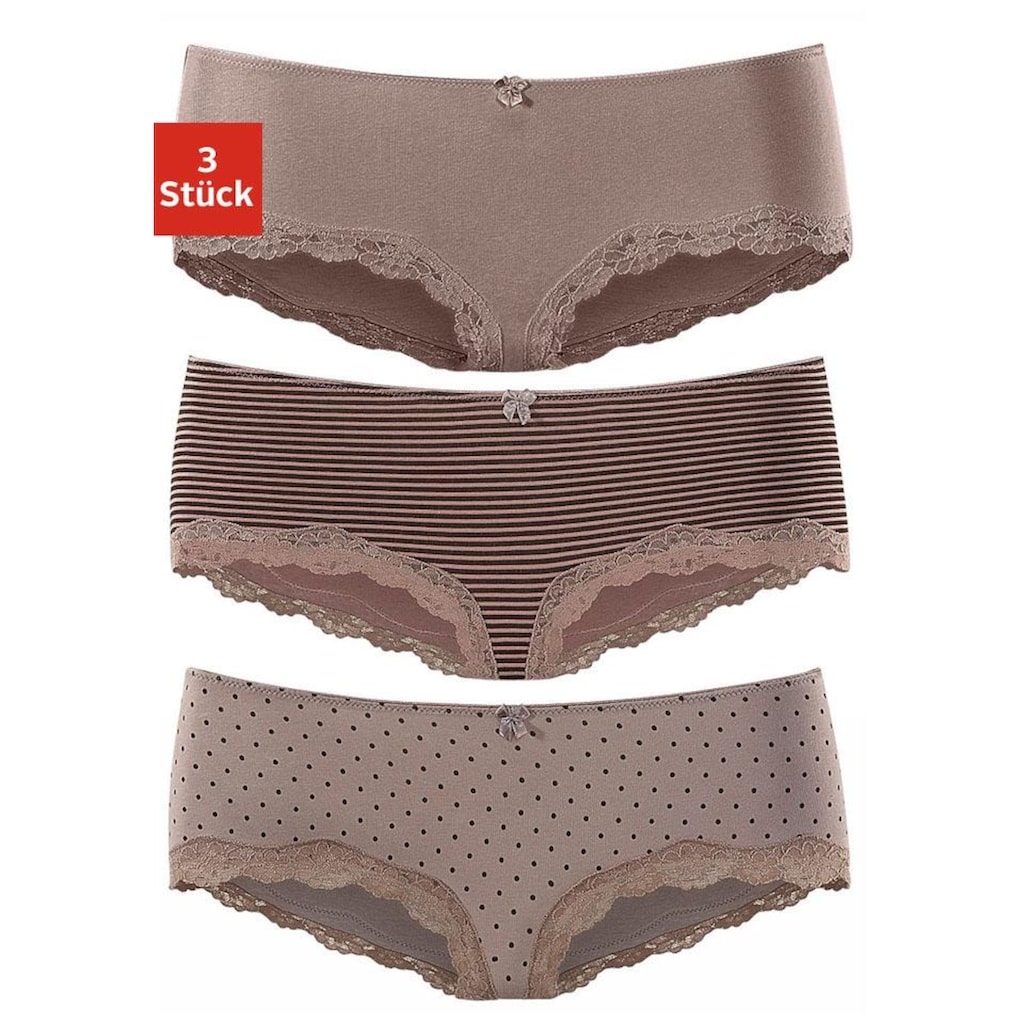 LASCANA Panty, (3er-Pack), aus elastischer Baumwolle mit zarter Spitze