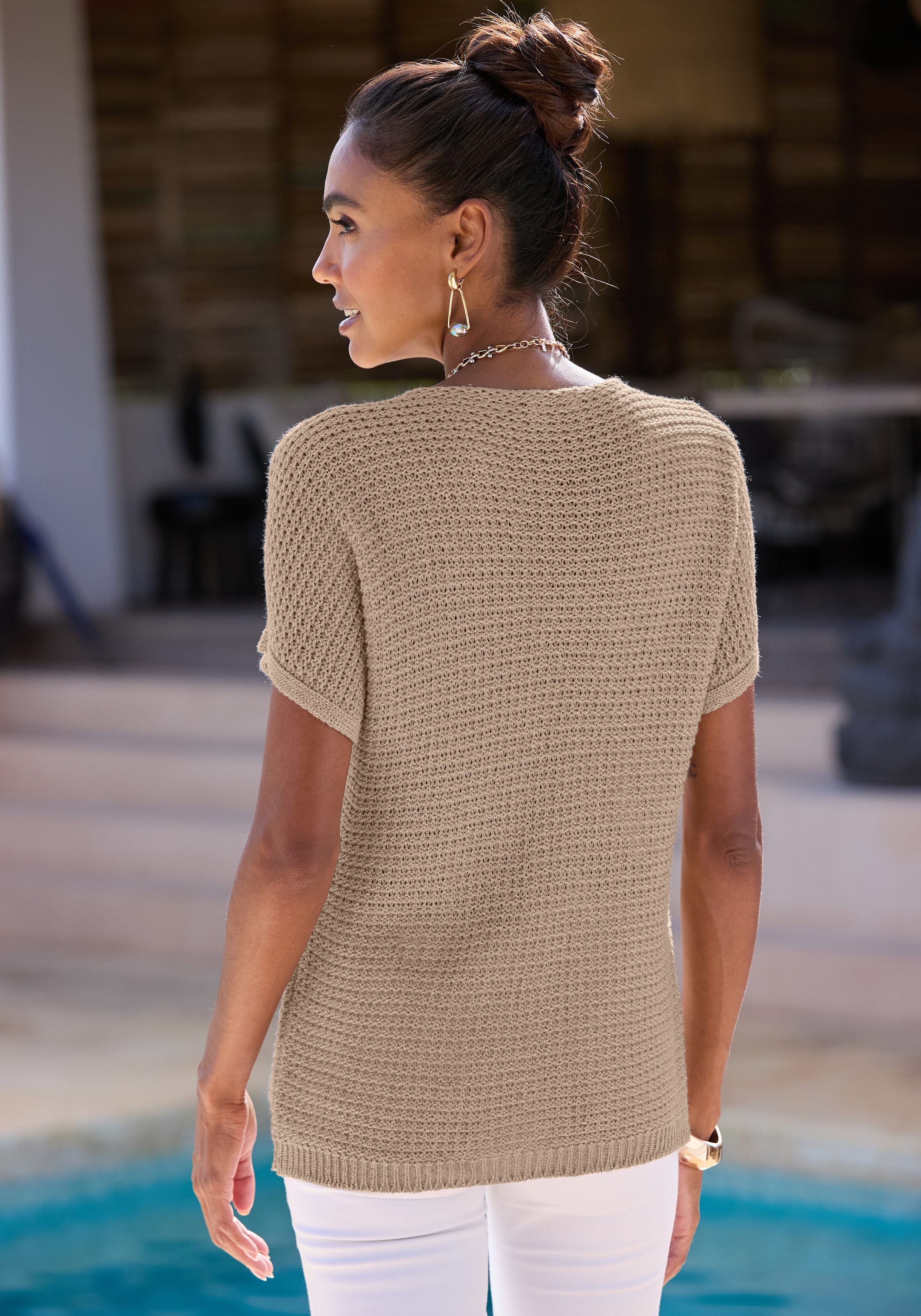 LASCANA Kurzarmpullover in luftigem Ajourstrick, leichter Sommerpullover, Metallic-Effekt