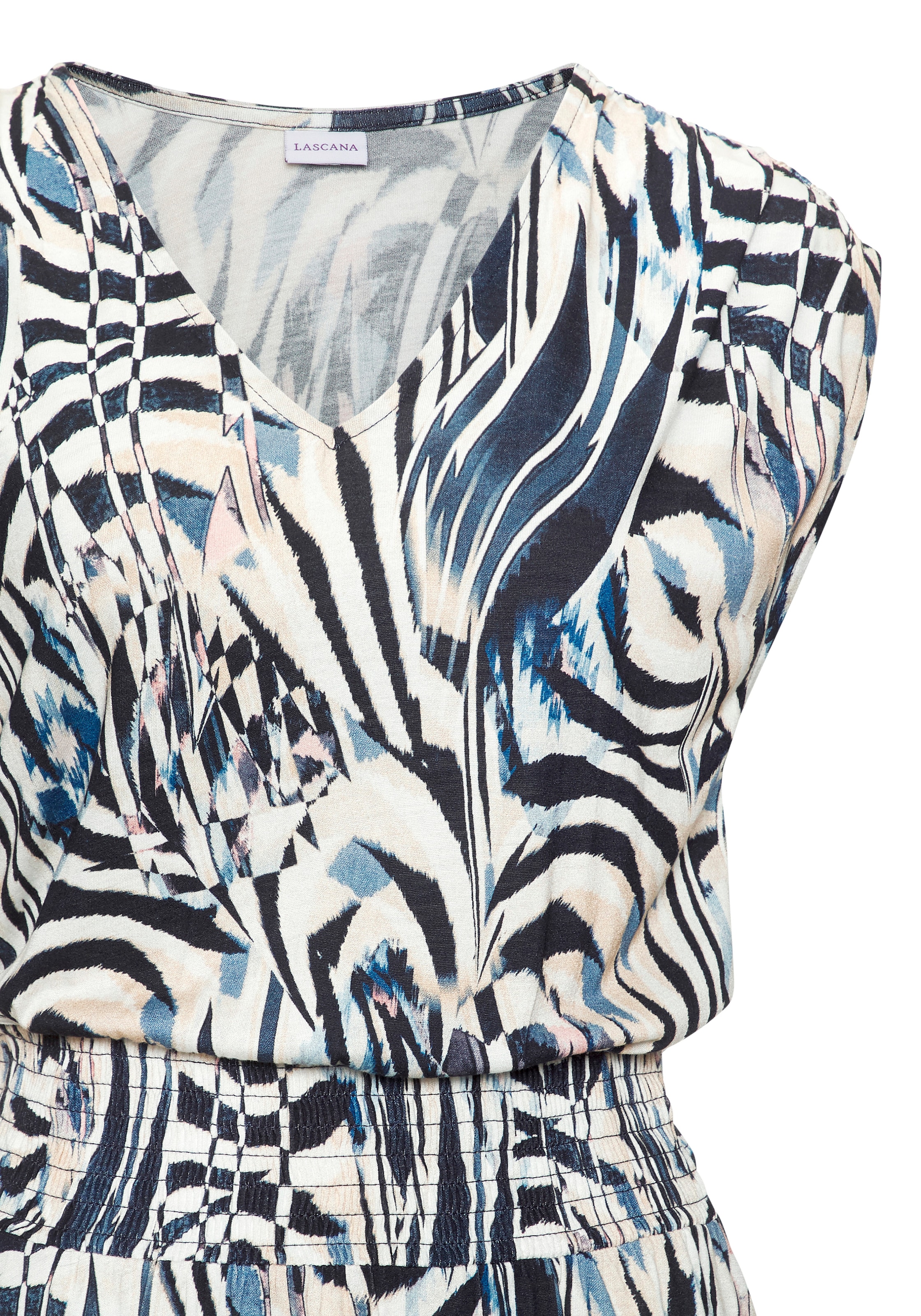 LASCANA Jerseykleid mit breitem Smokbund, kurzes Sommerkleid im Alloverprint, Strandkleid
