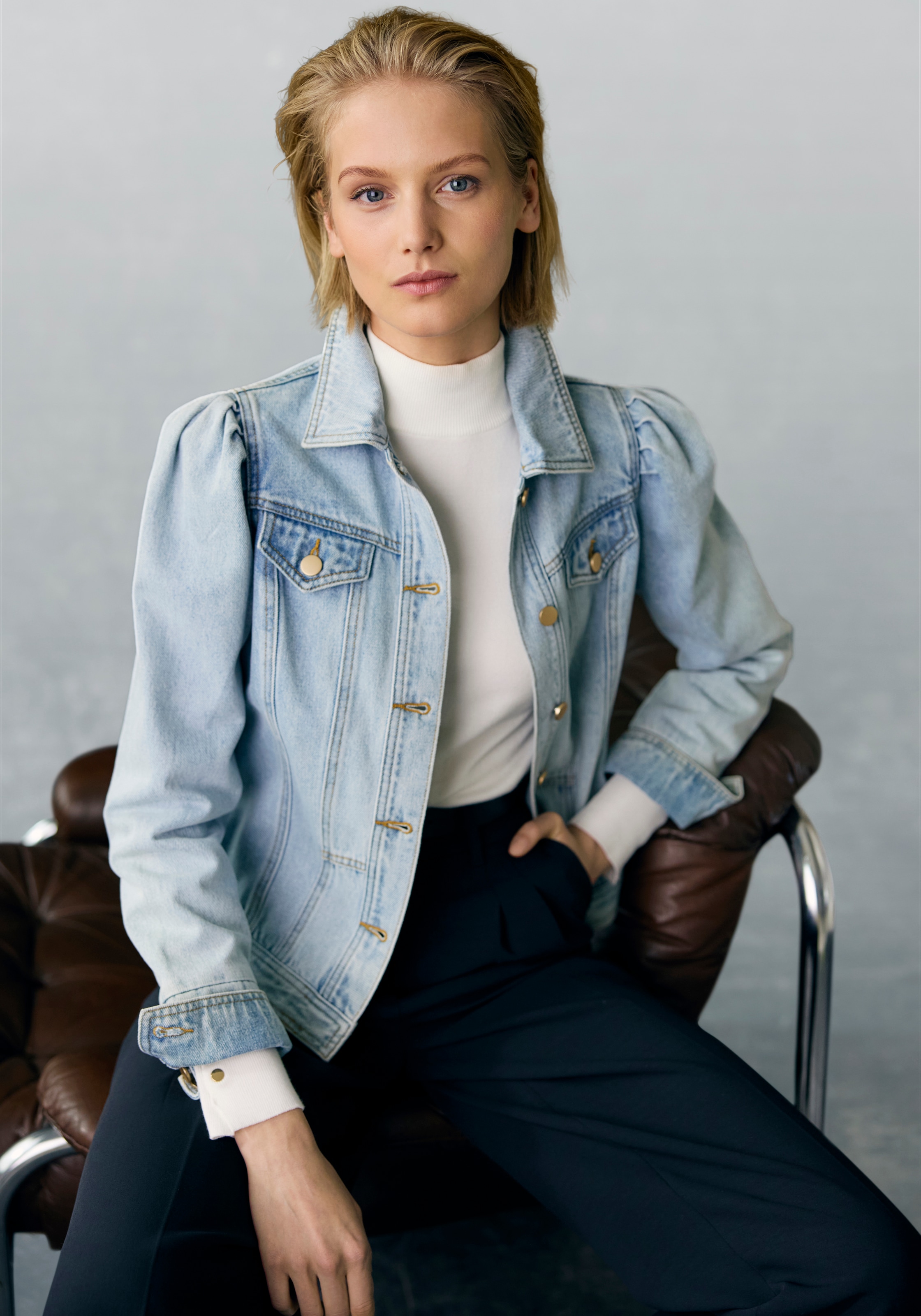 Vivance Jeansjacke mit Puffärmeln und Knöpfen, Ziertaschen, Denim