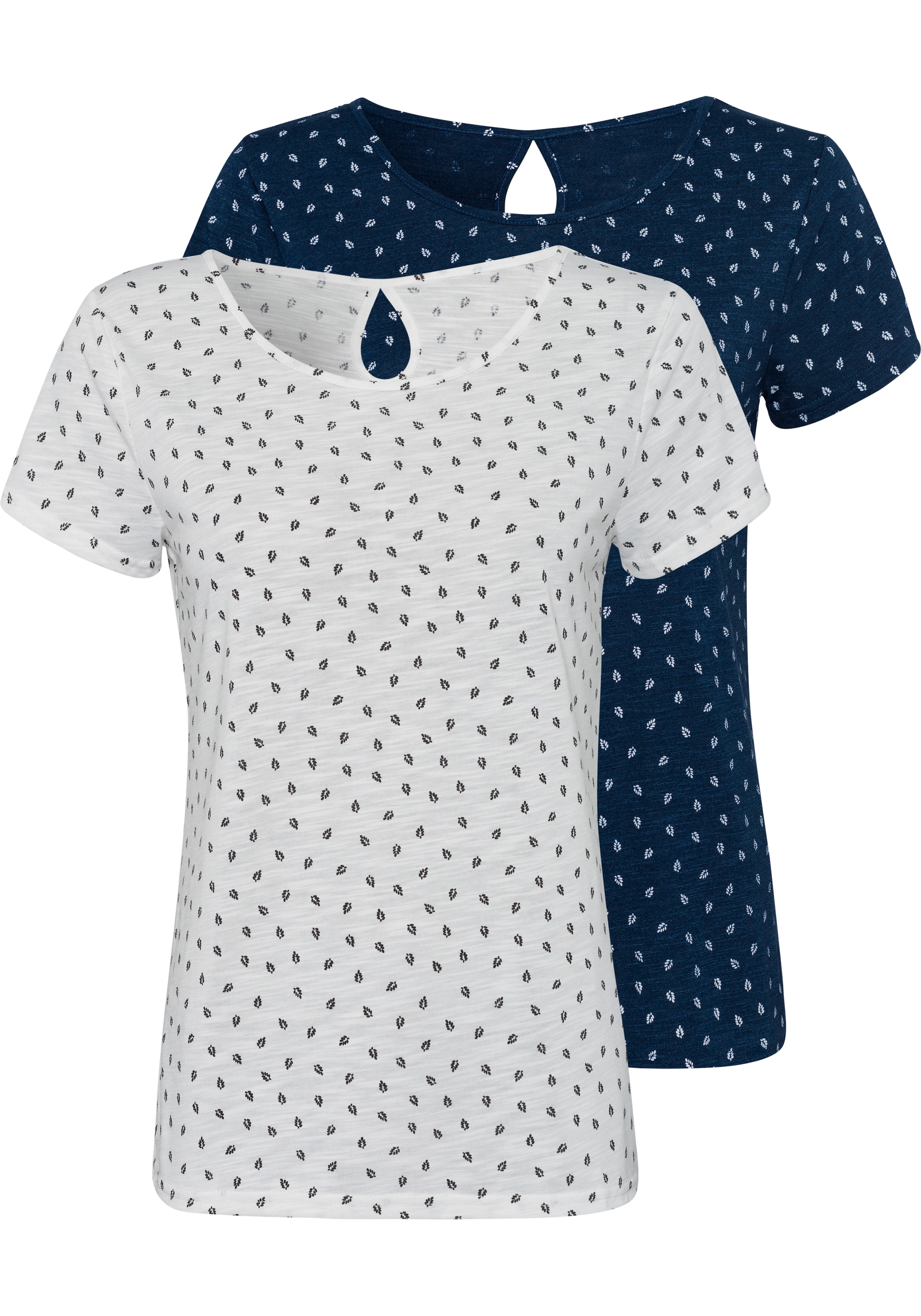 LASCANA T-Shirt, (2er-Pack), mit süssem Blätter-Druck und Cut-Out im Nacken