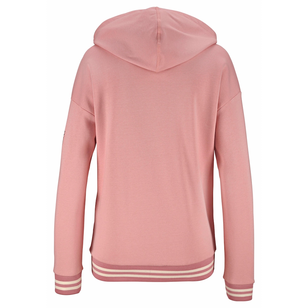 Bench. Kapuzensweatjacke, mit gestreiften Bündchen und Glanzprint, Loungewear, Loungeanzug